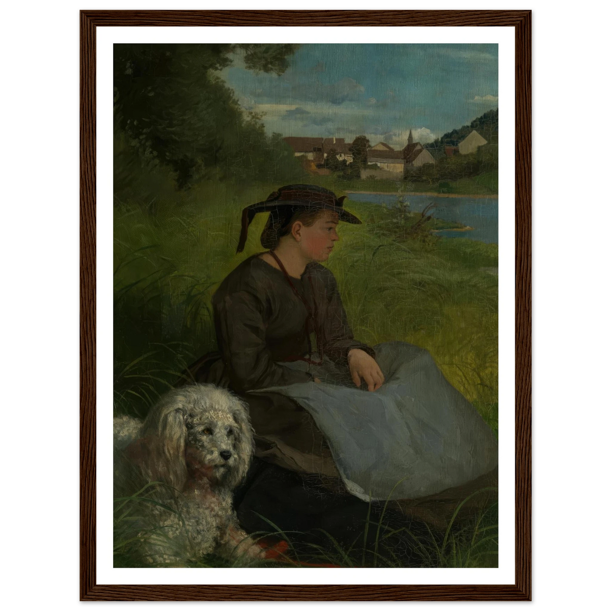 Agathe with white dog (1869) Art Print | Hans Thoma - Framed Poster - 30x40 cm / 12x16″ - Black frame