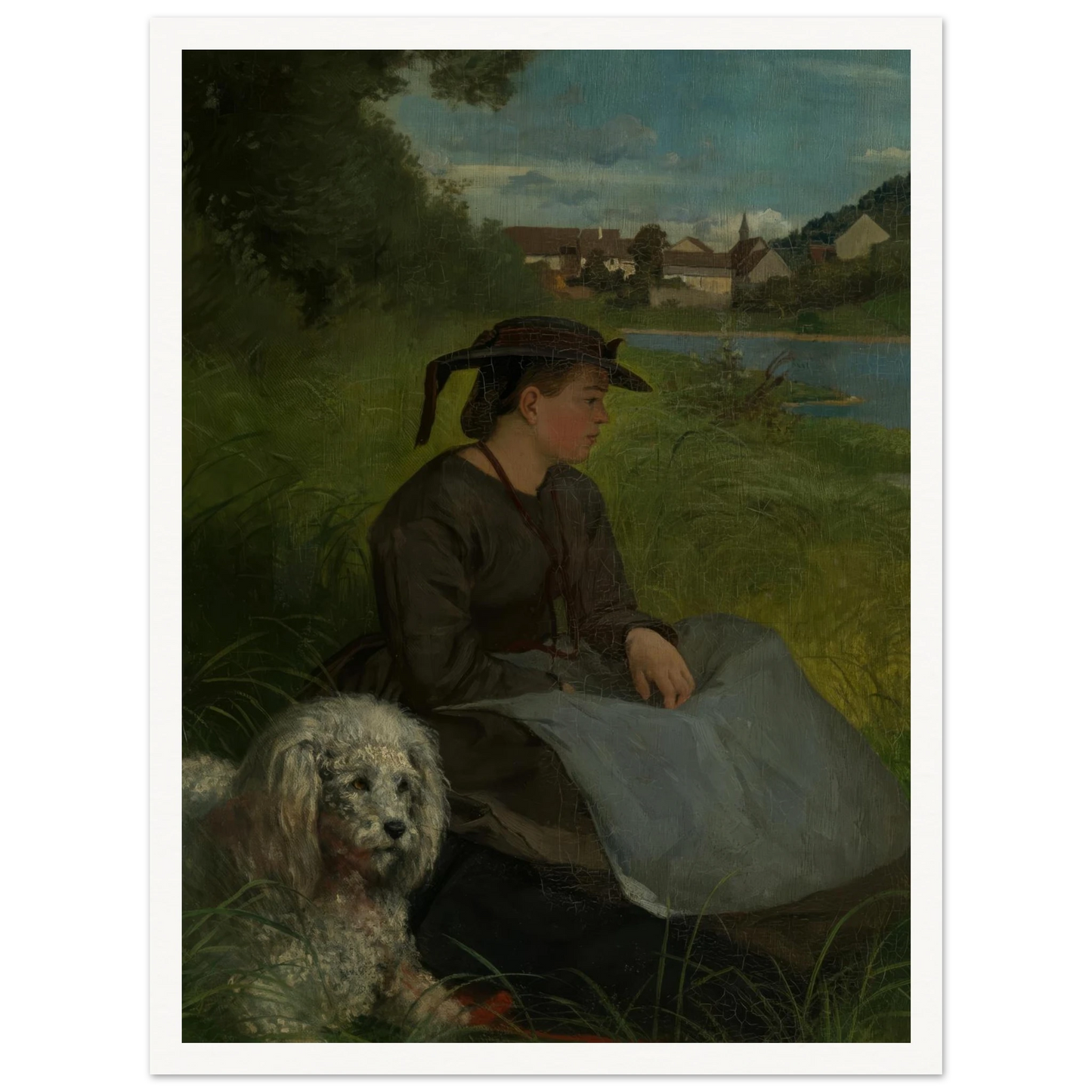 Agathe with white dog (1869) Art Print | Hans Thoma - Framed Poster - 30x40 cm / 12x16″ - Black frame
