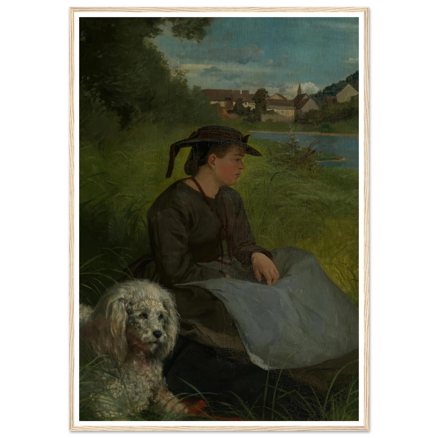 Agathe with white dog (1869) Art Print | Hans Thoma - Framed Poster - 30x40 cm / 12x16″ - Black frame