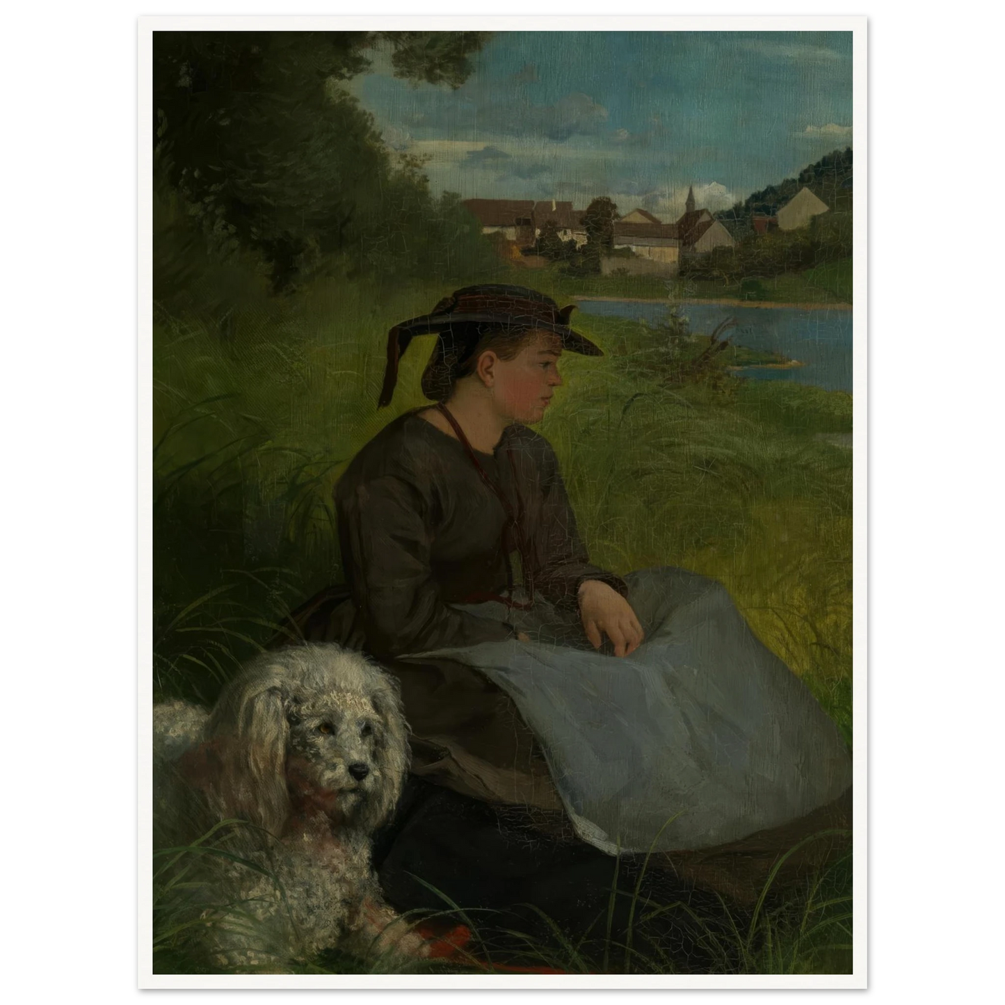Agathe with white dog (1869) Art Print | Hans Thoma - Framed Poster - 30x40 cm / 12x16″ - Black frame