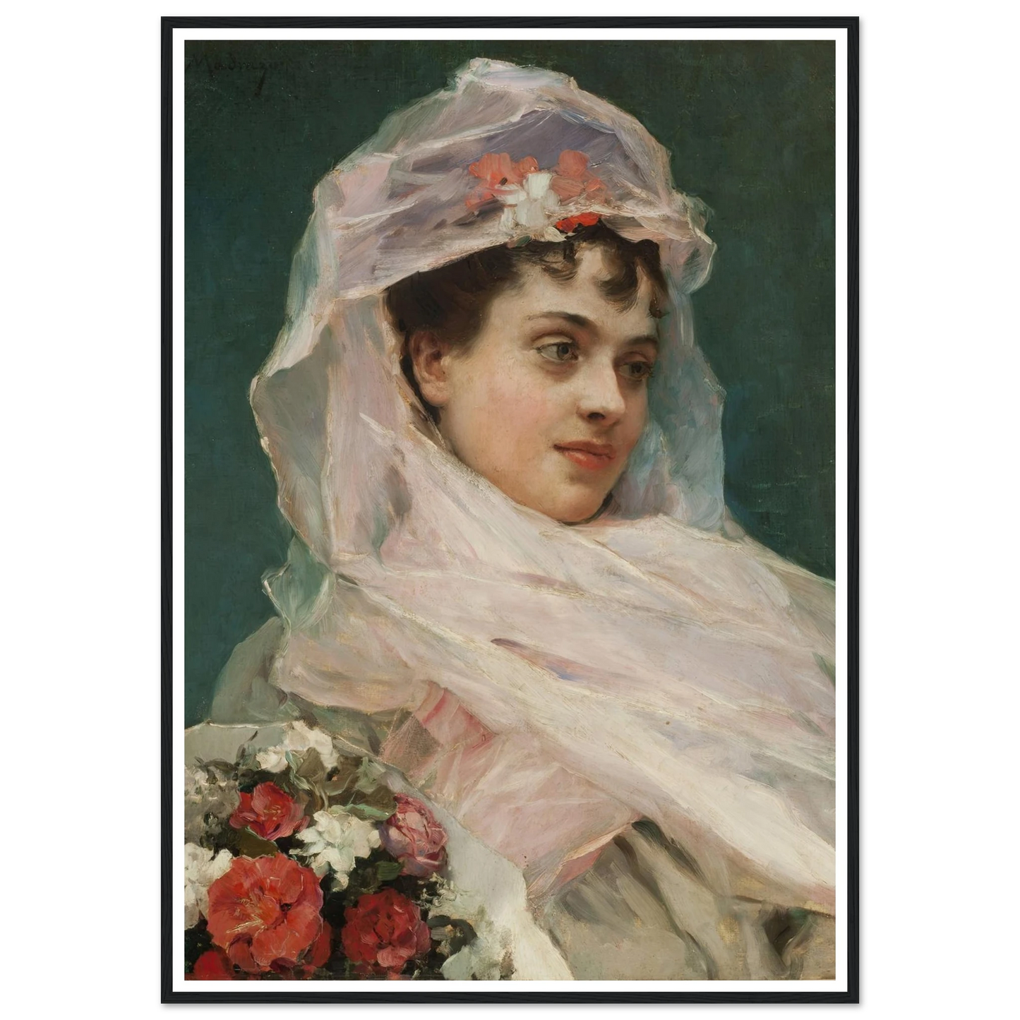 Aline Masson con tocado de gasa. (1880) Art Print | Raimundo de Madrazo y Garreta - Framed Poster - 30x40 cm / 12x16″ - Black frame