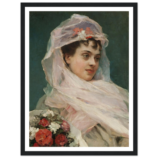 Aline Masson con tocado de gasa. (1880) Art Print | Raimundo de Madrazo y Garreta - Framed Poster - 30x40 cm / 12x16″ - Black frame