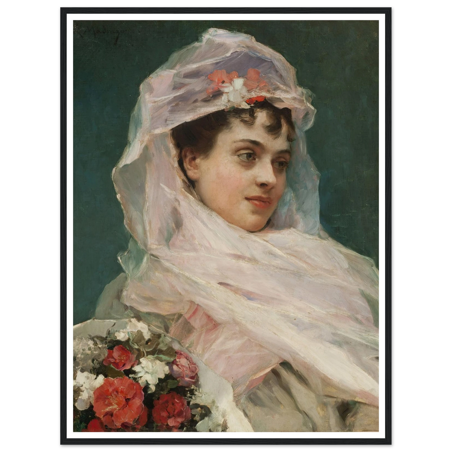 Aline Masson con tocado de gasa. (1880) Art Print | Raimundo de Madrazo y Garreta - Framed Poster - 30x40 cm / 12x16″ - Black frame
