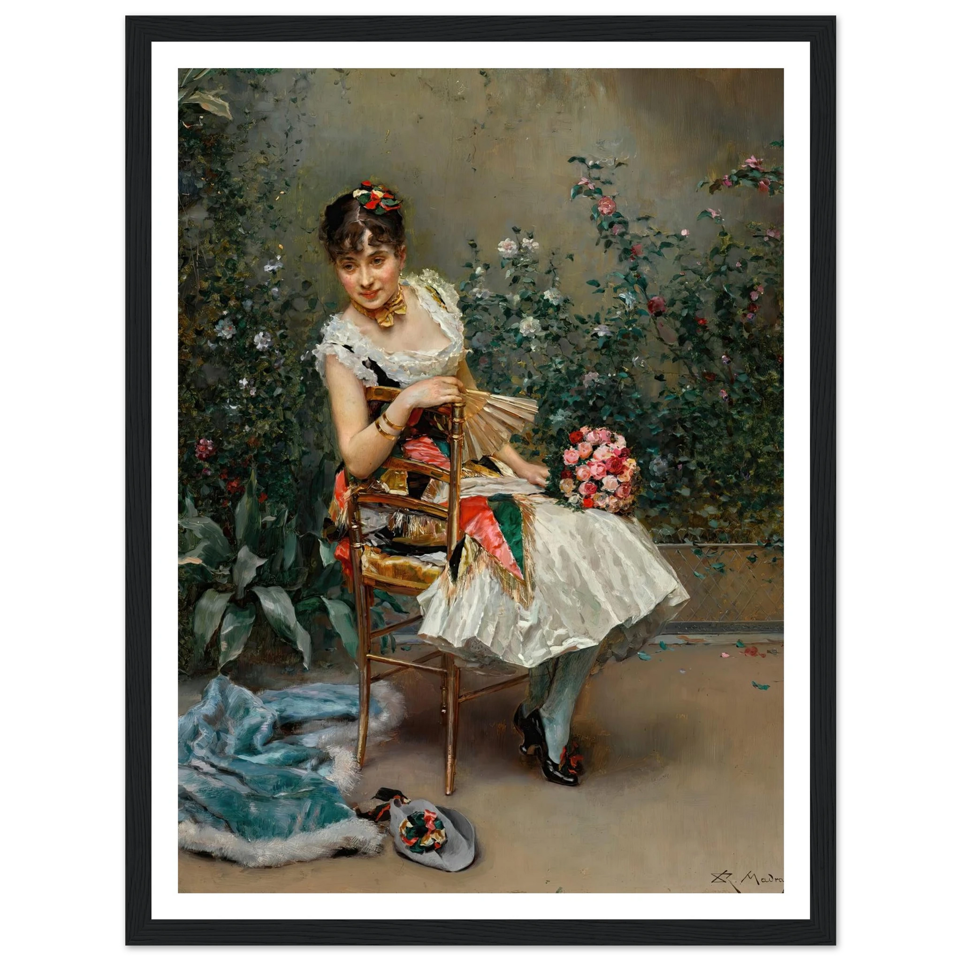 Aline with flowers Art Print | Raimundo de Madrazo y Garreta - Framed Poster - 30x40 cm / 12x16″ - Black frame