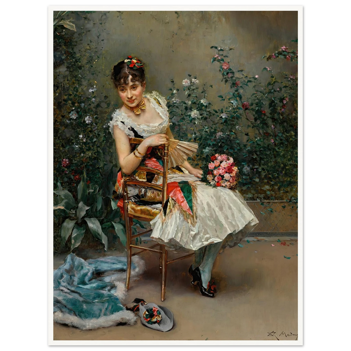 Aline with flowers Art Print | Raimundo de Madrazo y Garreta - Framed Poster - 30x40 cm / 12x16″ - Black frame
