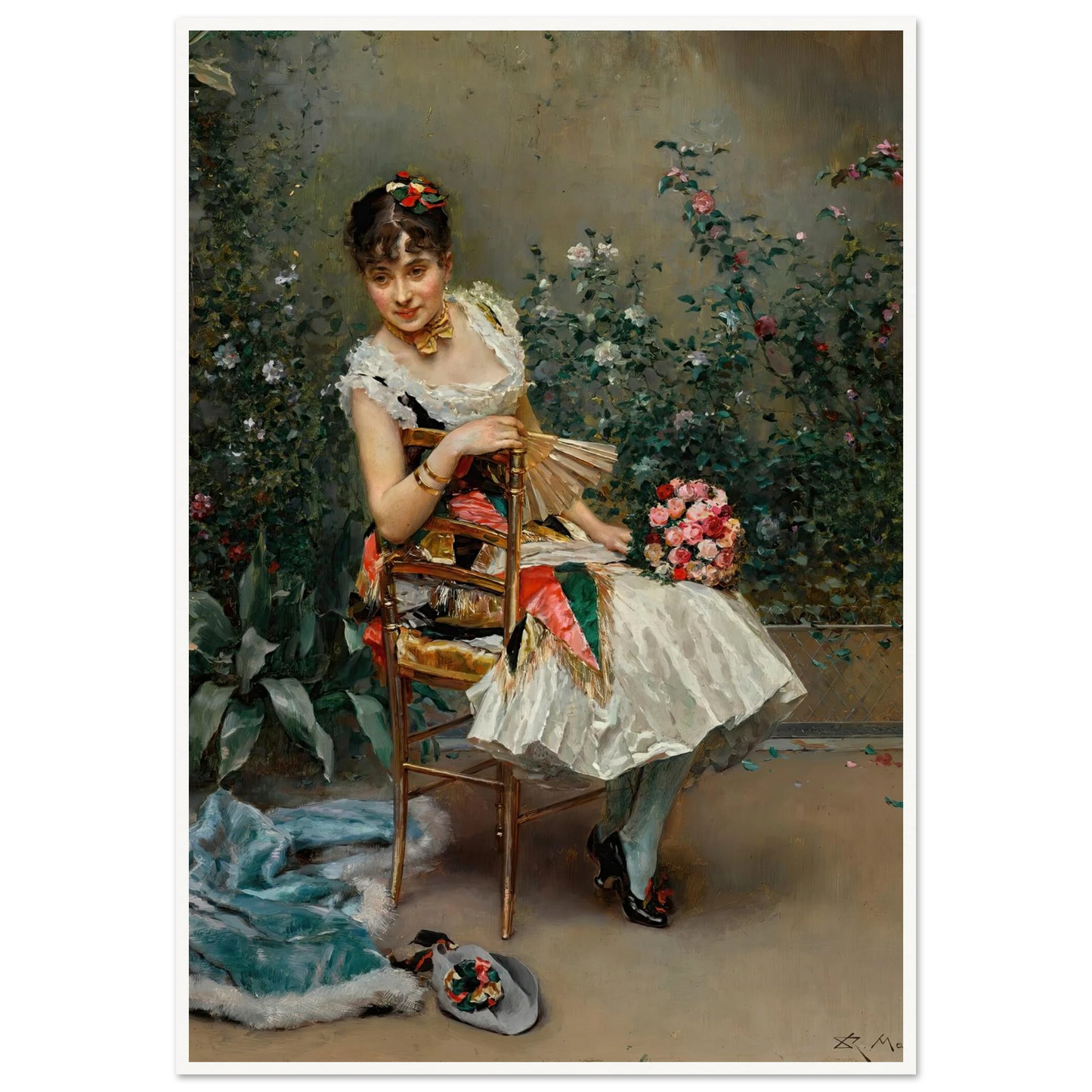 Aline with flowers Art Print | Raimundo de Madrazo y Garreta - Framed Poster - 30x40 cm / 12x16″ - Black frame