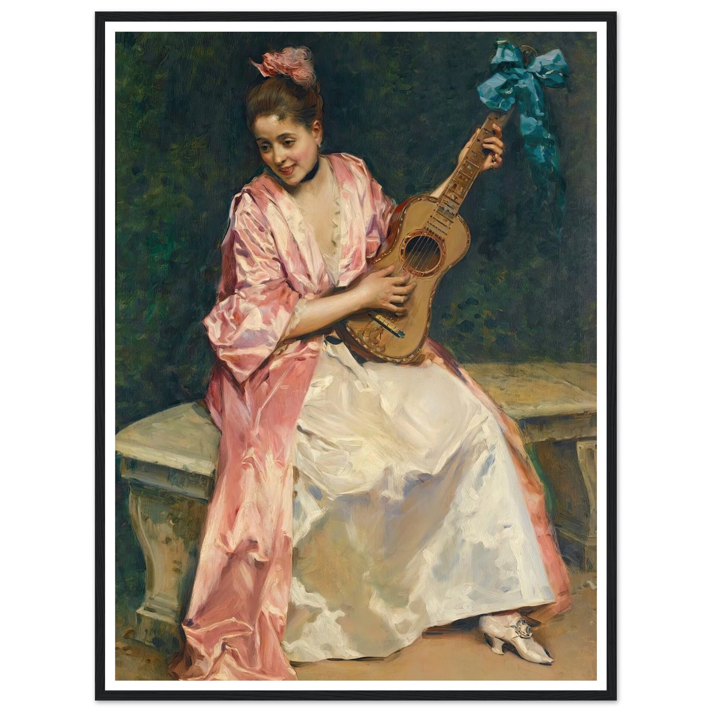 Aline with guitar Art Print | Raimundo de Madrazo y Garreta - Framed Poster - 30x40 cm / 12x16″ - Black frame