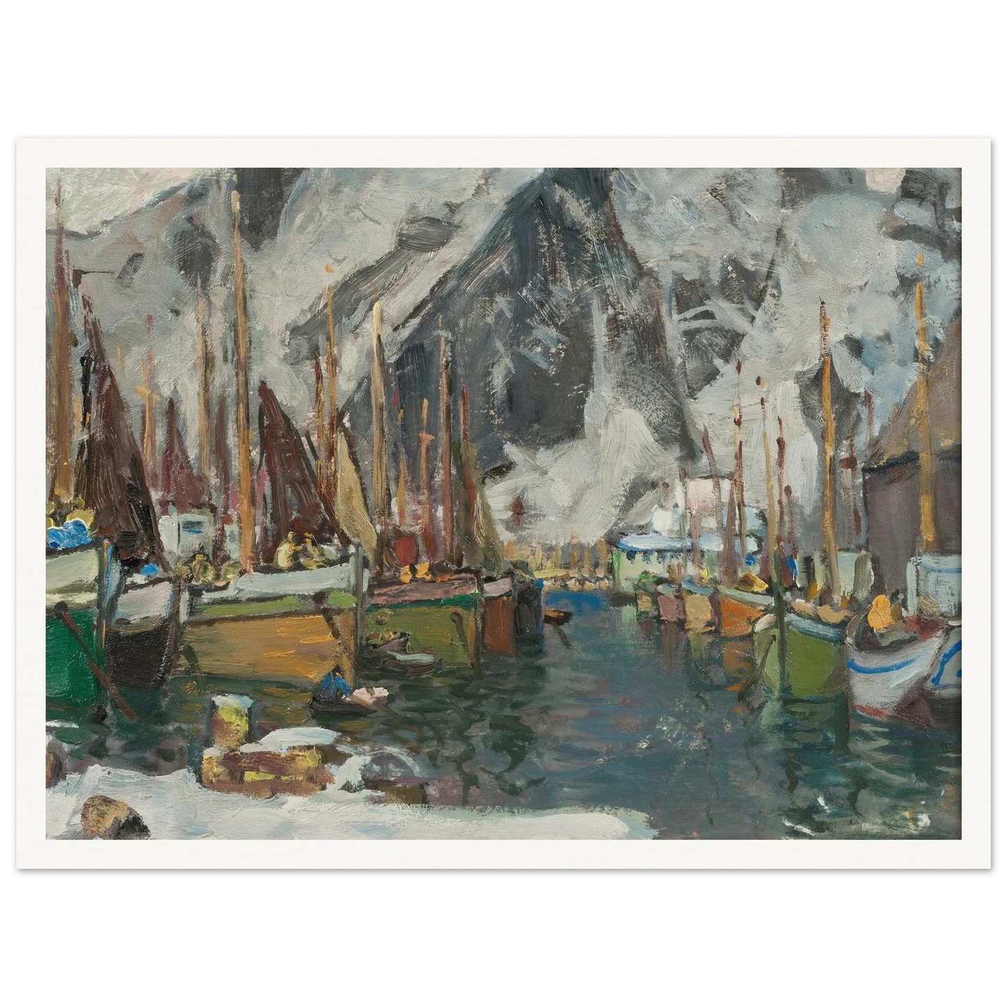 Among the Fishing Boats in Svolvaer. Study from Lofoten (1934) Art Print | Anna Boberg - Framed Poster - 30x40 cm / 12x16″ - Black frame