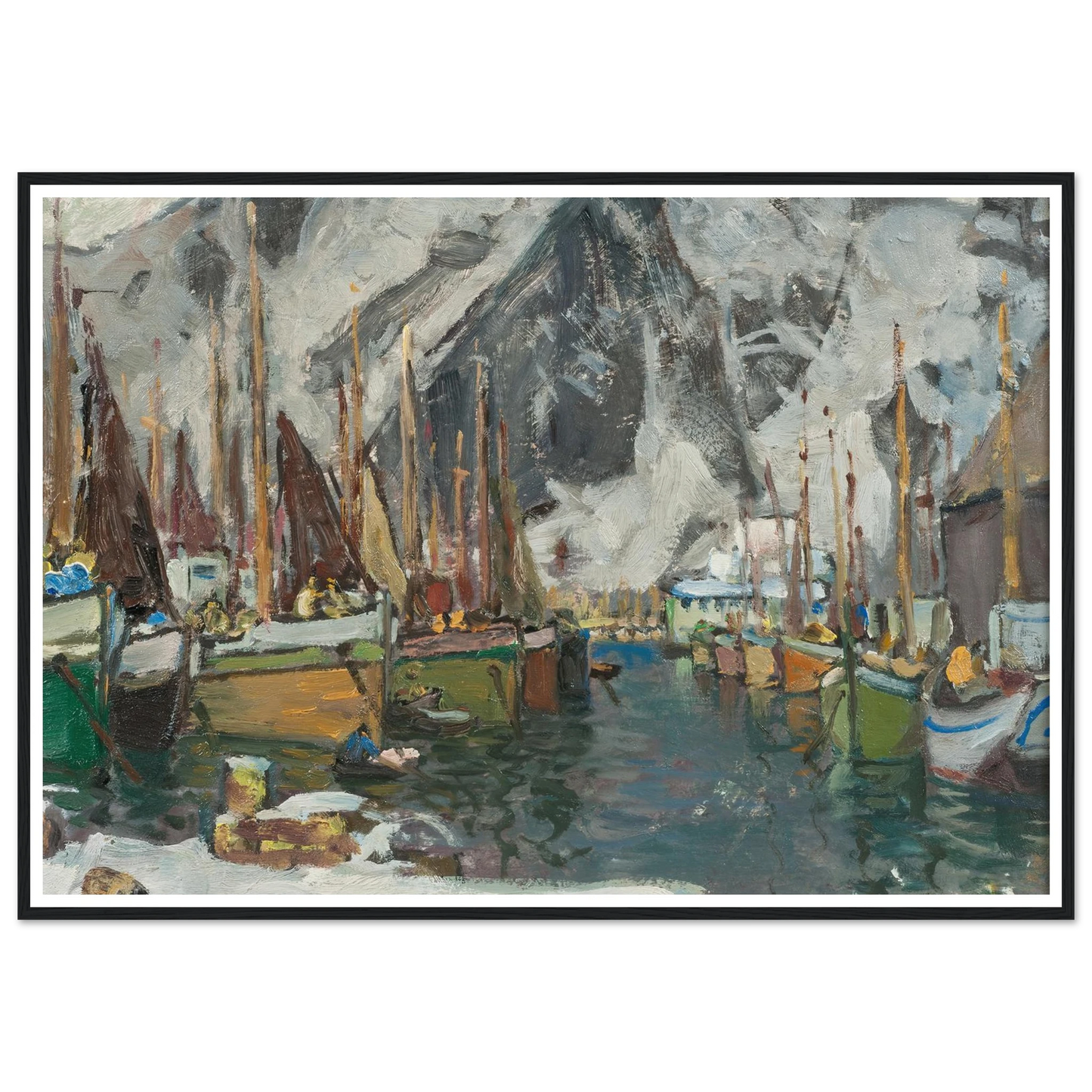 Among the Fishing Boats in Svolvaer. Study from Lofoten (1934) Art Print | Anna Boberg - Framed Poster - 30x40 cm / 12x16″ - Black frame