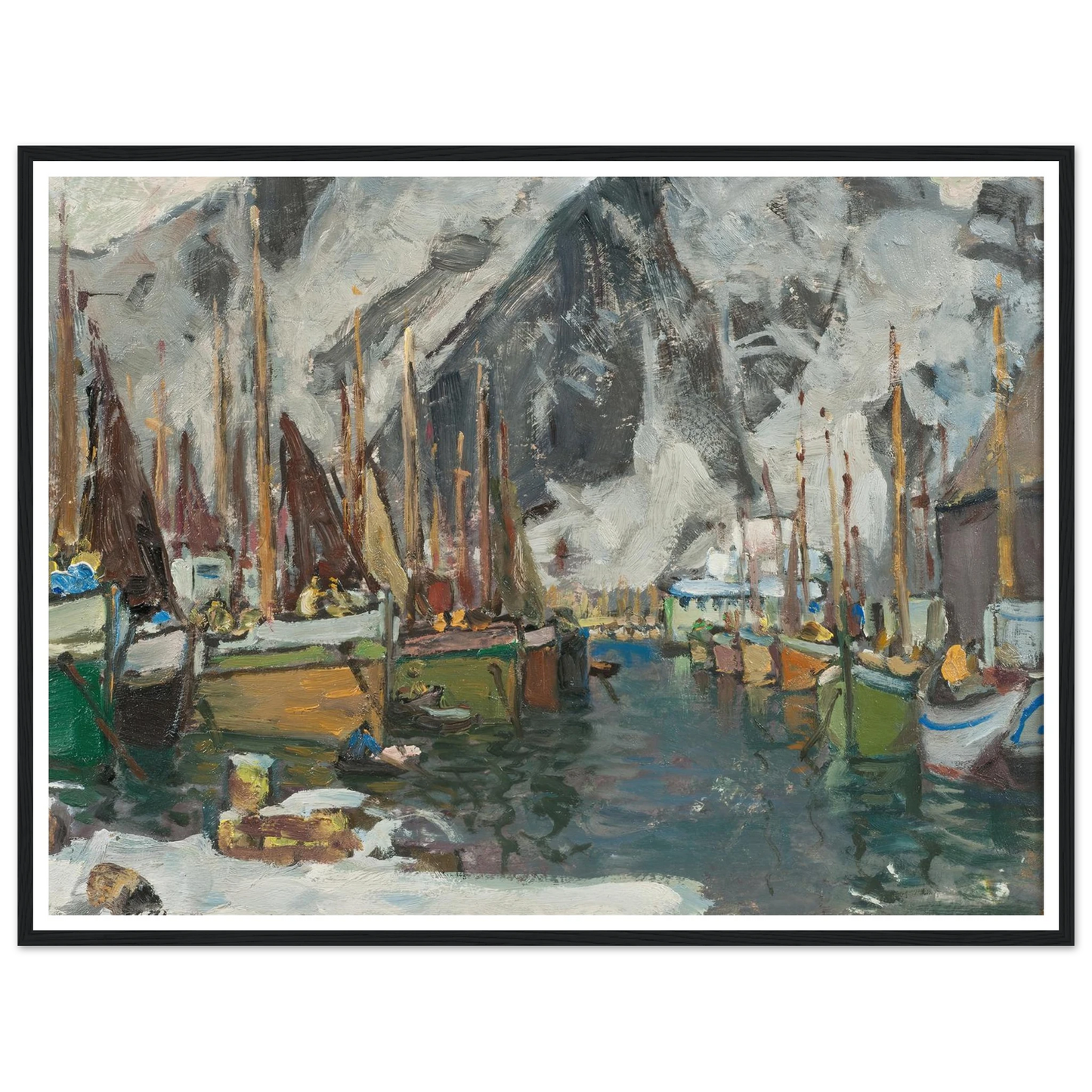 Among the Fishing Boats in Svolvaer. Study from Lofoten (1934) Art Print | Anna Boberg - Framed Poster - 30x40 cm / 12x16″ - Black frame