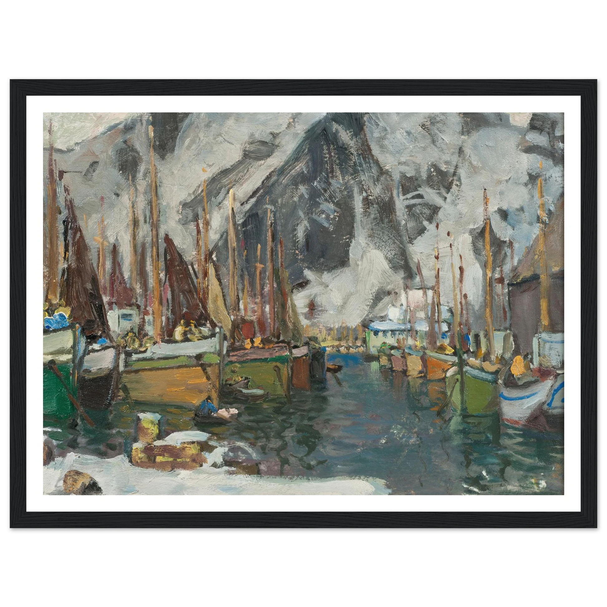 Among the Fishing Boats in Svolvaer. Study from Lofoten (1934) Art Print | Anna Boberg - Framed Poster - 30x40 cm / 12x16″ - Black frame
