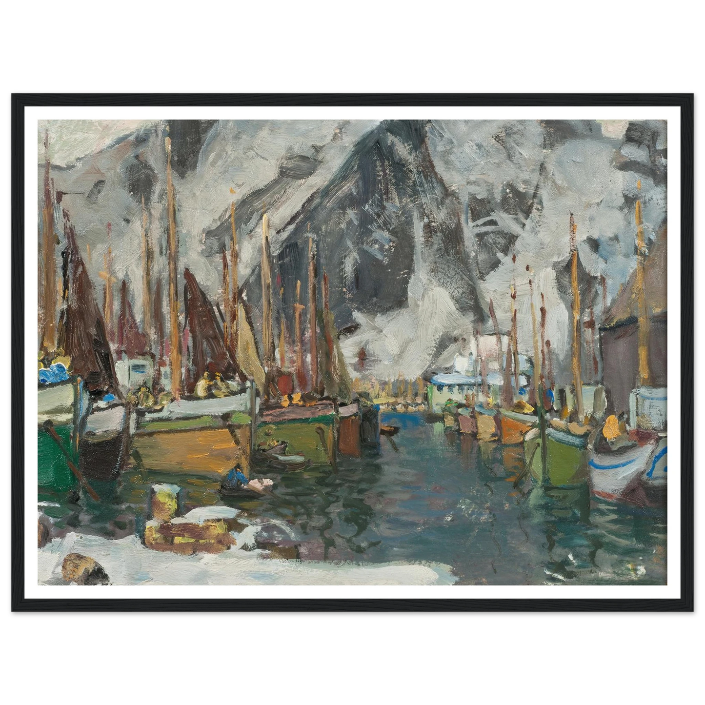 Among the Fishing Boats in Svolvaer. Study from Lofoten (1934) Art Print | Anna Boberg - Framed Poster - 30x40 cm / 12x16″ - Black frame