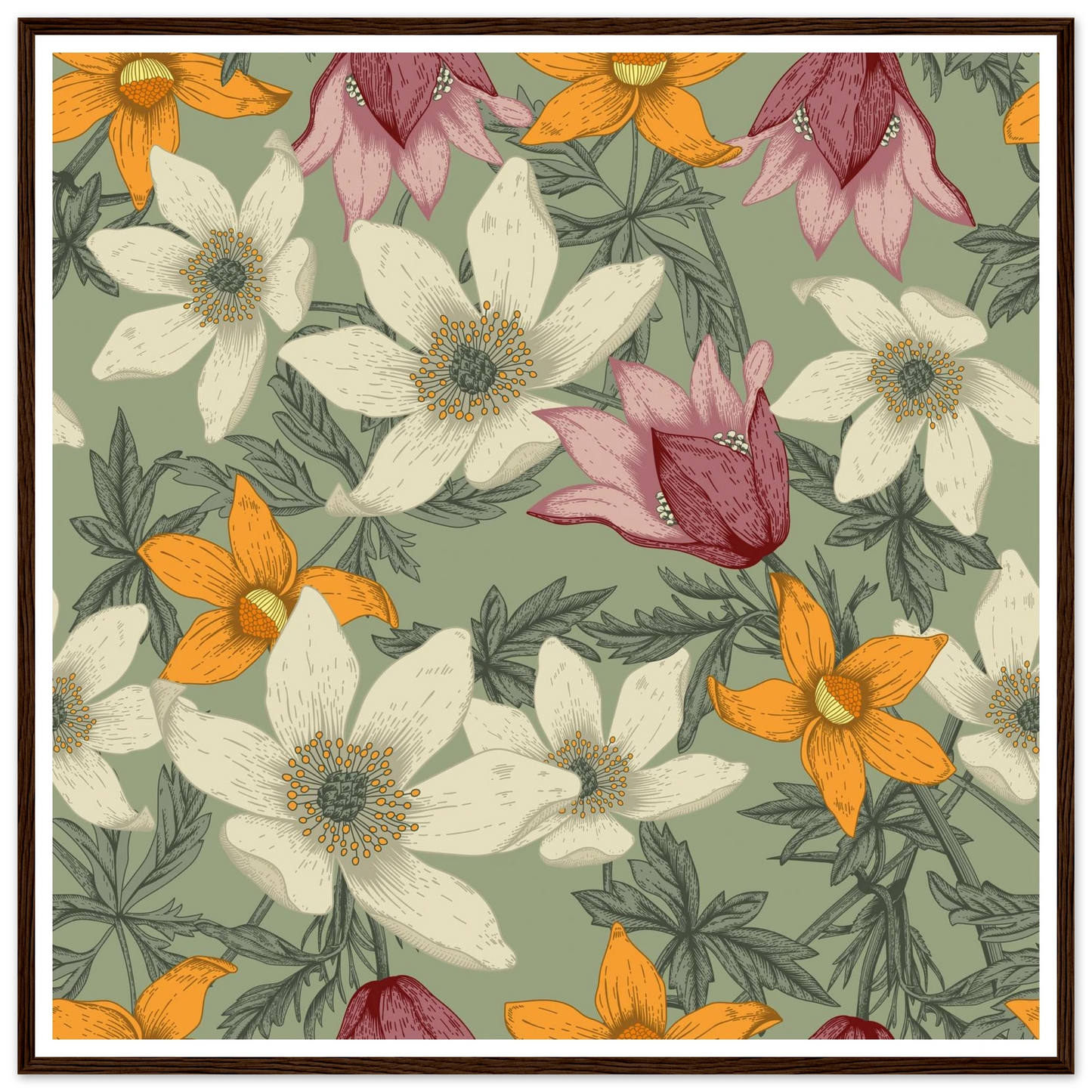 Anemone Grey Dawn Art Print | William Morris Inspired - Framed Poster - 30x30 cm / 12x12″ - Black frame