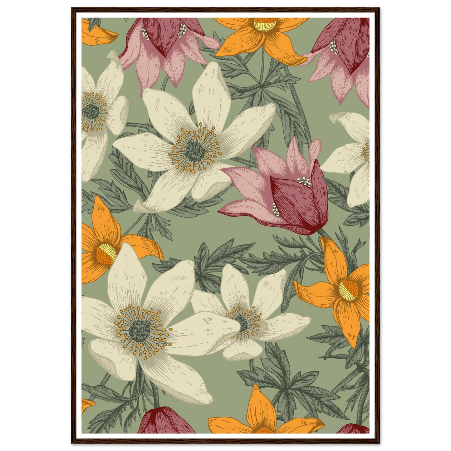 Anemone Grey Dawn Art Print | William Morris Inspired - Framed Poster - 30x30 cm / 12x12″ - Black frame