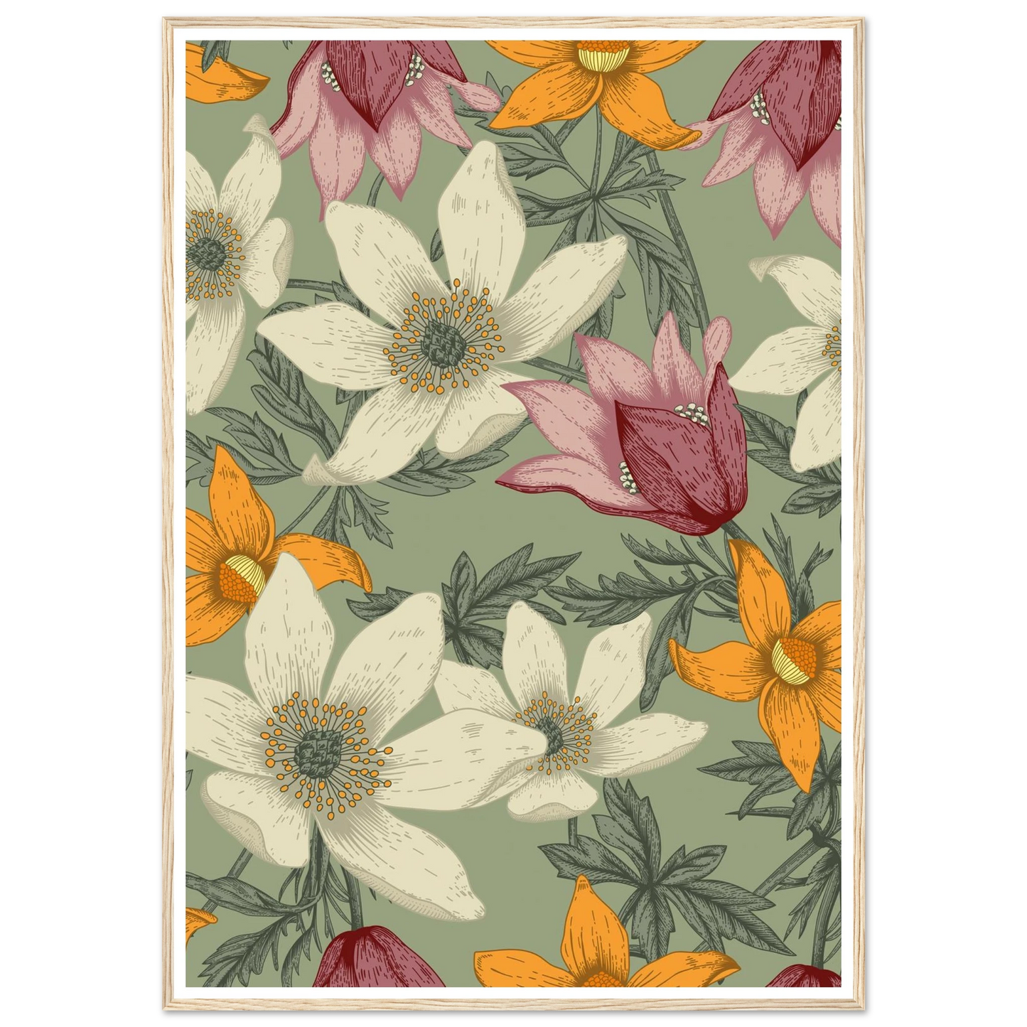 Anemone Grey Dawn Art Print | William Morris Inspired - Framed Poster - 30x30 cm / 12x12″ - Black frame