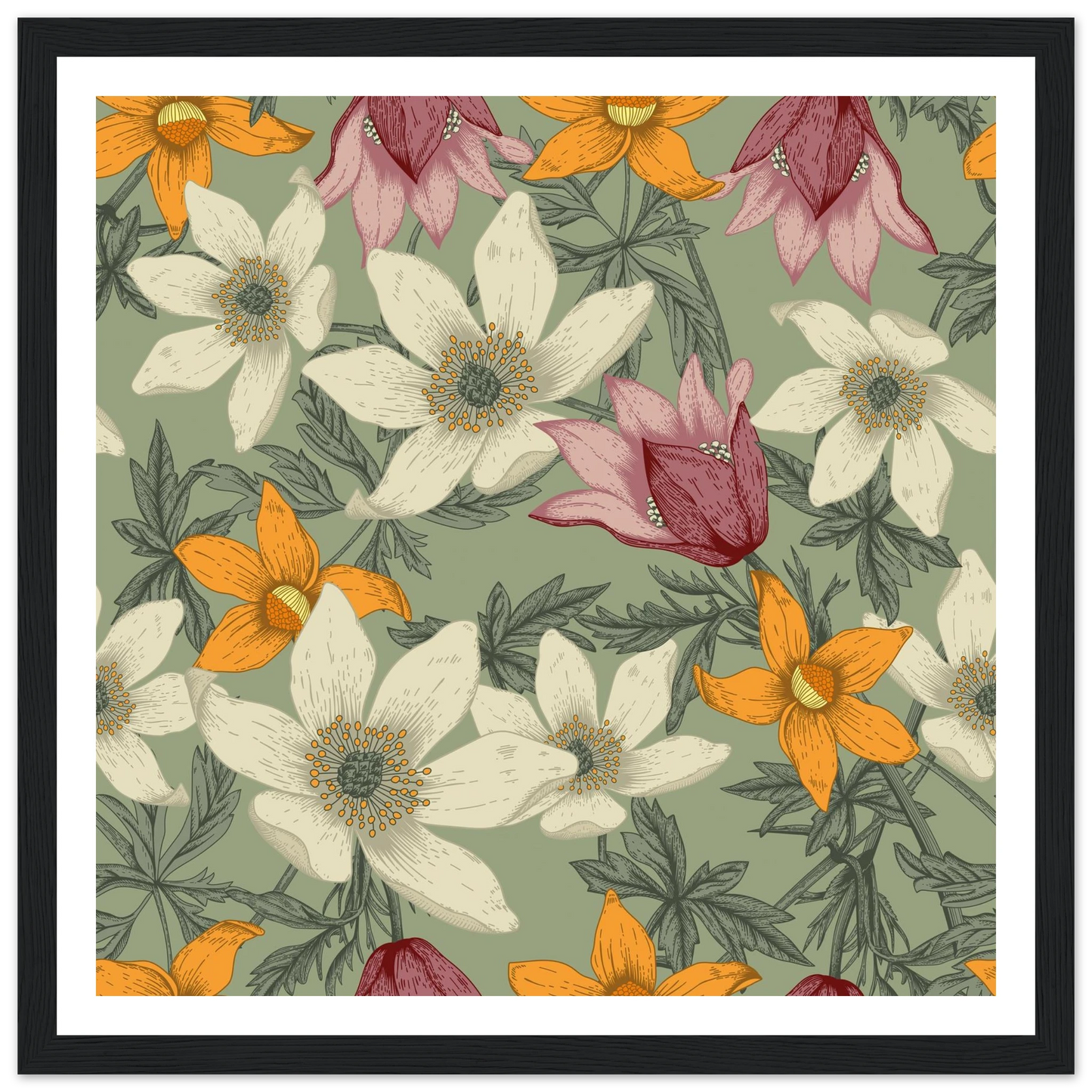 Anemone Grey Dawn Art Print | William Morris Inspired - Framed Poster - 30x30 cm / 12x12″ - Black frame