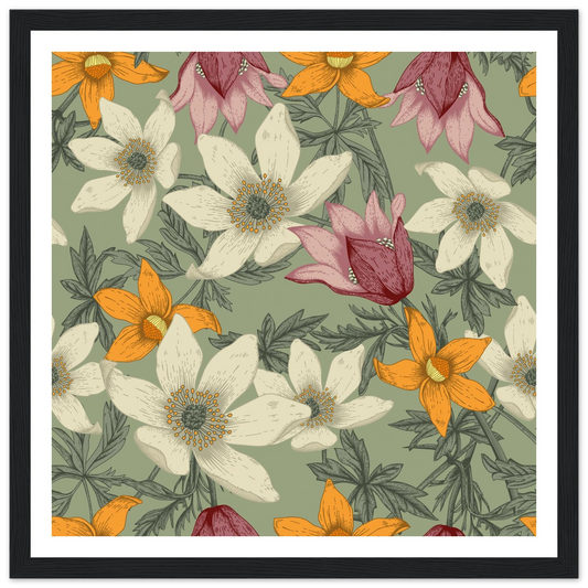 Anemone Grey Dawn Art Print | William Morris Inspired - Framed Poster - 30x30 cm / 12x12″ - Black frame