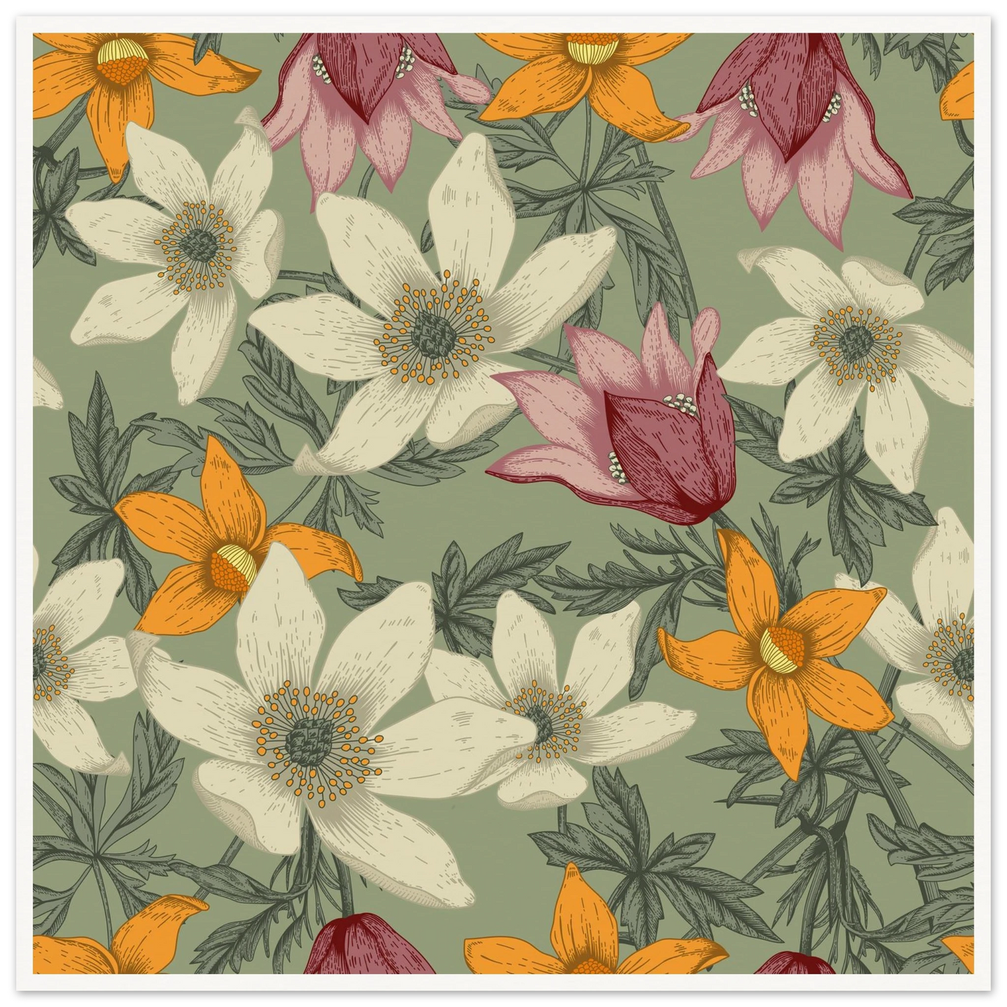 Anemone Grey Dawn Art Print | William Morris Inspired - Framed Poster - 30x30 cm / 12x12″ - Black frame