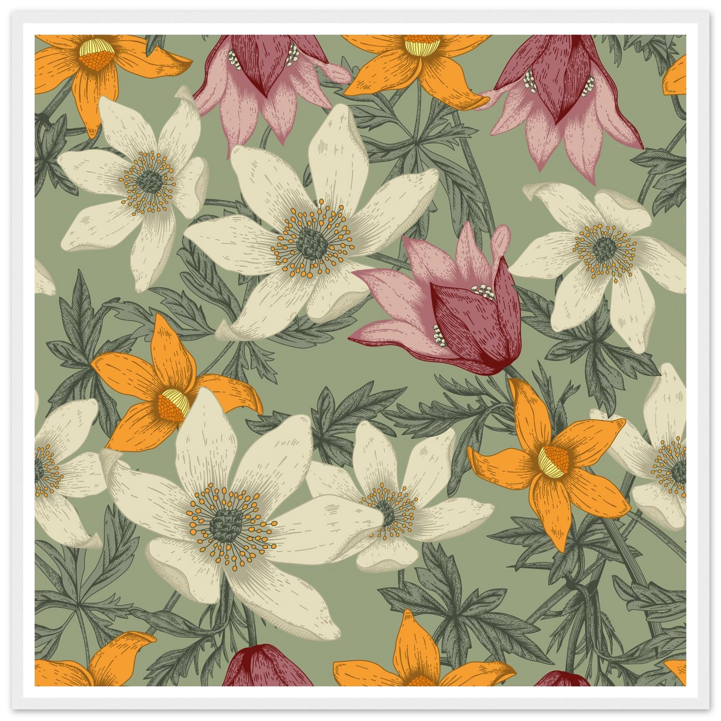 Anemone Grey Dawn Art Print | William Morris Inspired - Framed Poster - 30x30 cm / 12x12″ - Black frame