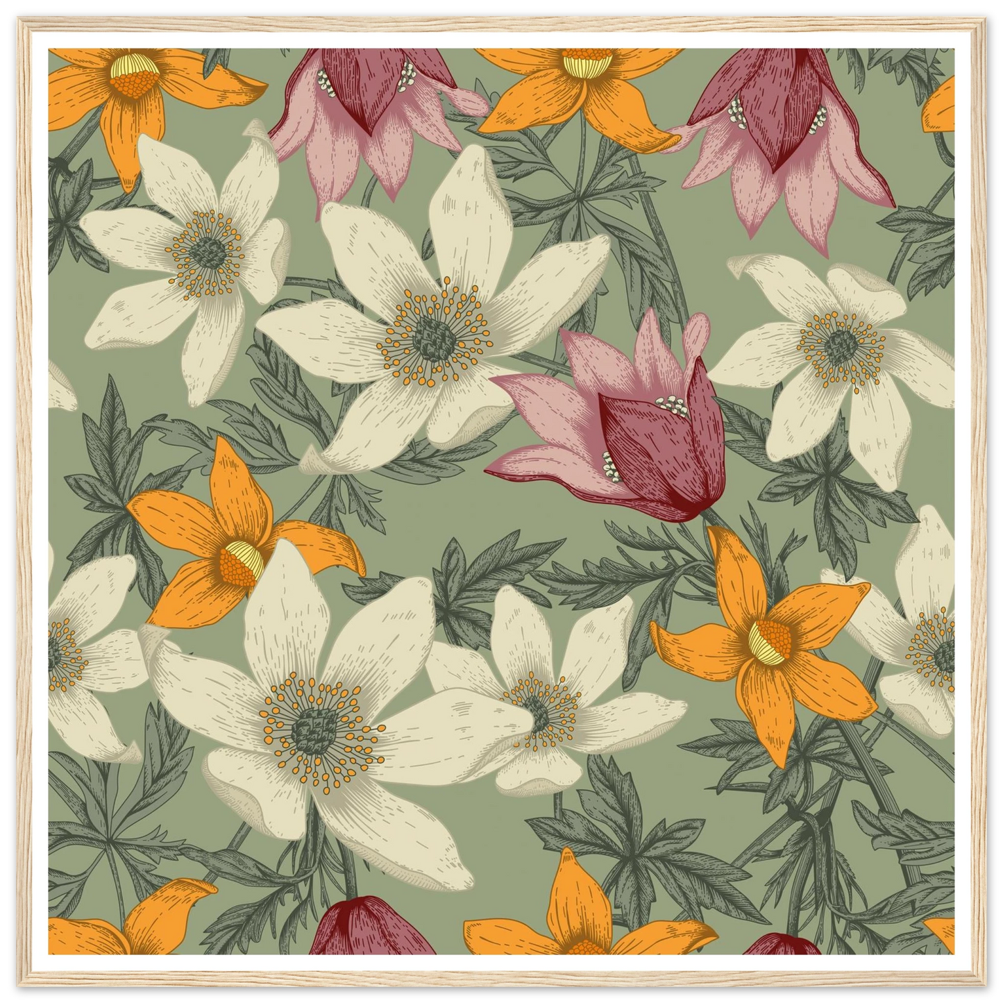 Anemone Grey Dawn Art Print | William Morris Inspired - Framed Poster - 30x30 cm / 12x12″ - Black frame