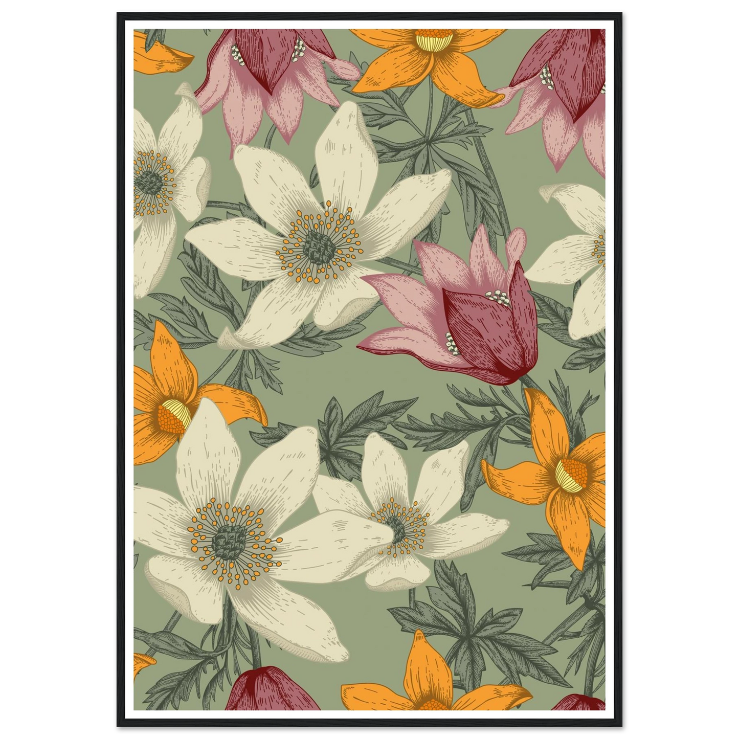 Anemone Grey Dawn Art Print | William Morris Inspired - Framed Poster - 30x30 cm / 12x12″ - Black frame