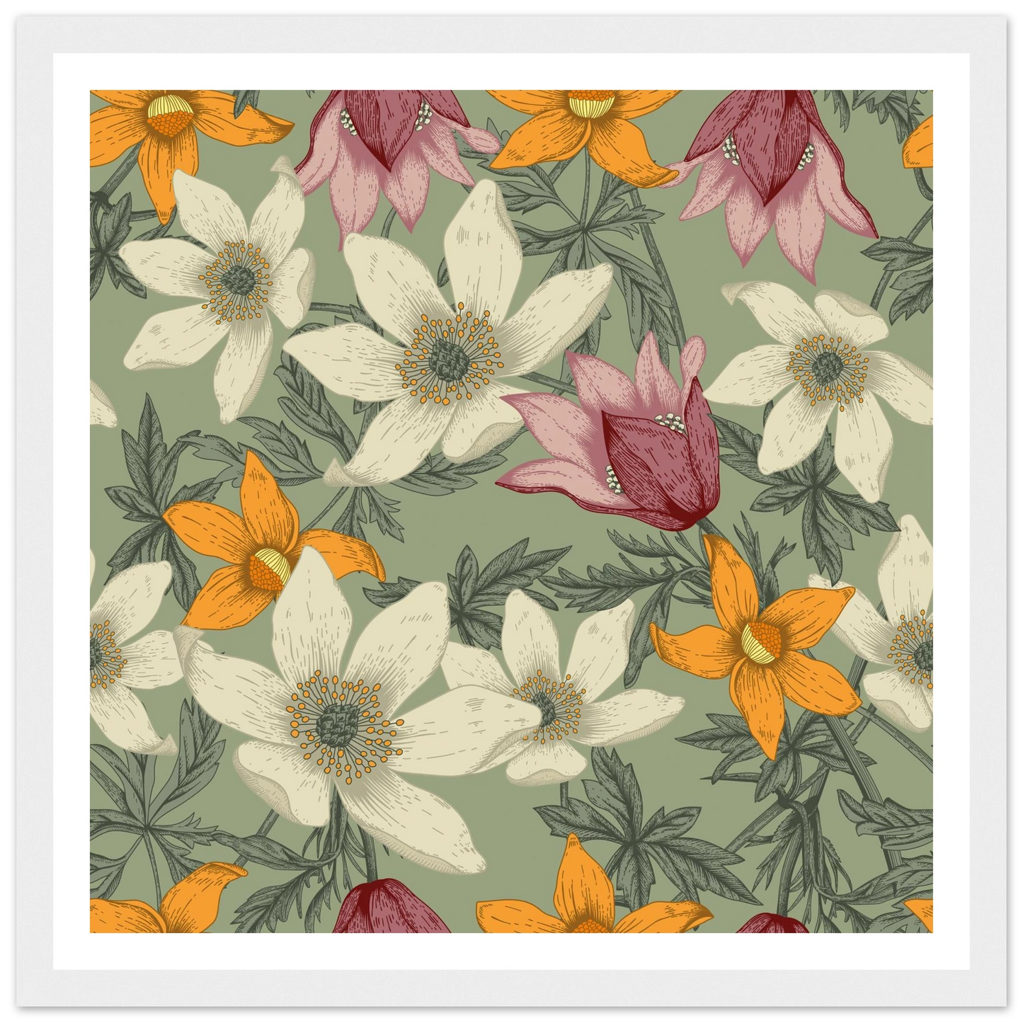 Anemone Grey Dawn Art Print | William Morris Inspired - Framed Poster - 30x30 cm / 12x12″ - Black frame