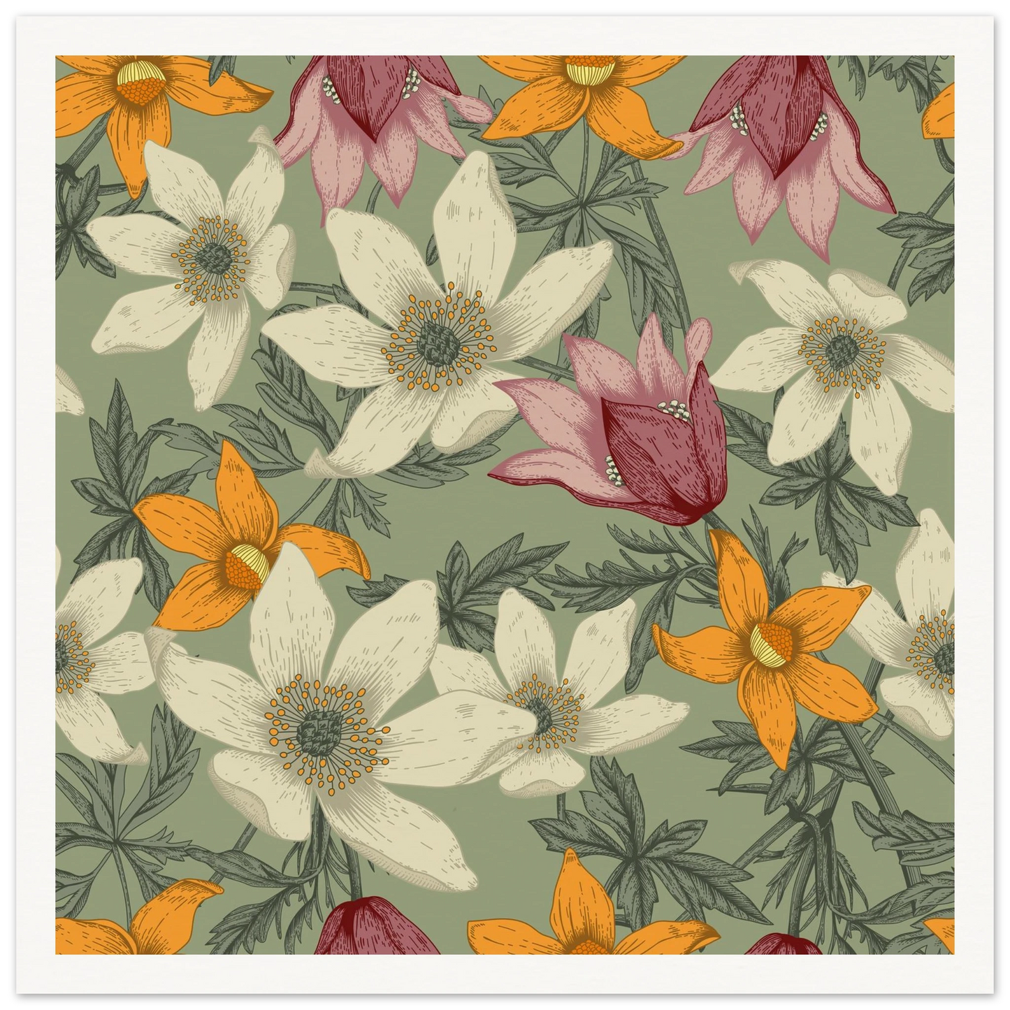 Anemone Grey Dawn Art Print | William Morris Inspired - Framed Poster - 30x30 cm / 12x12″ - Black frame
