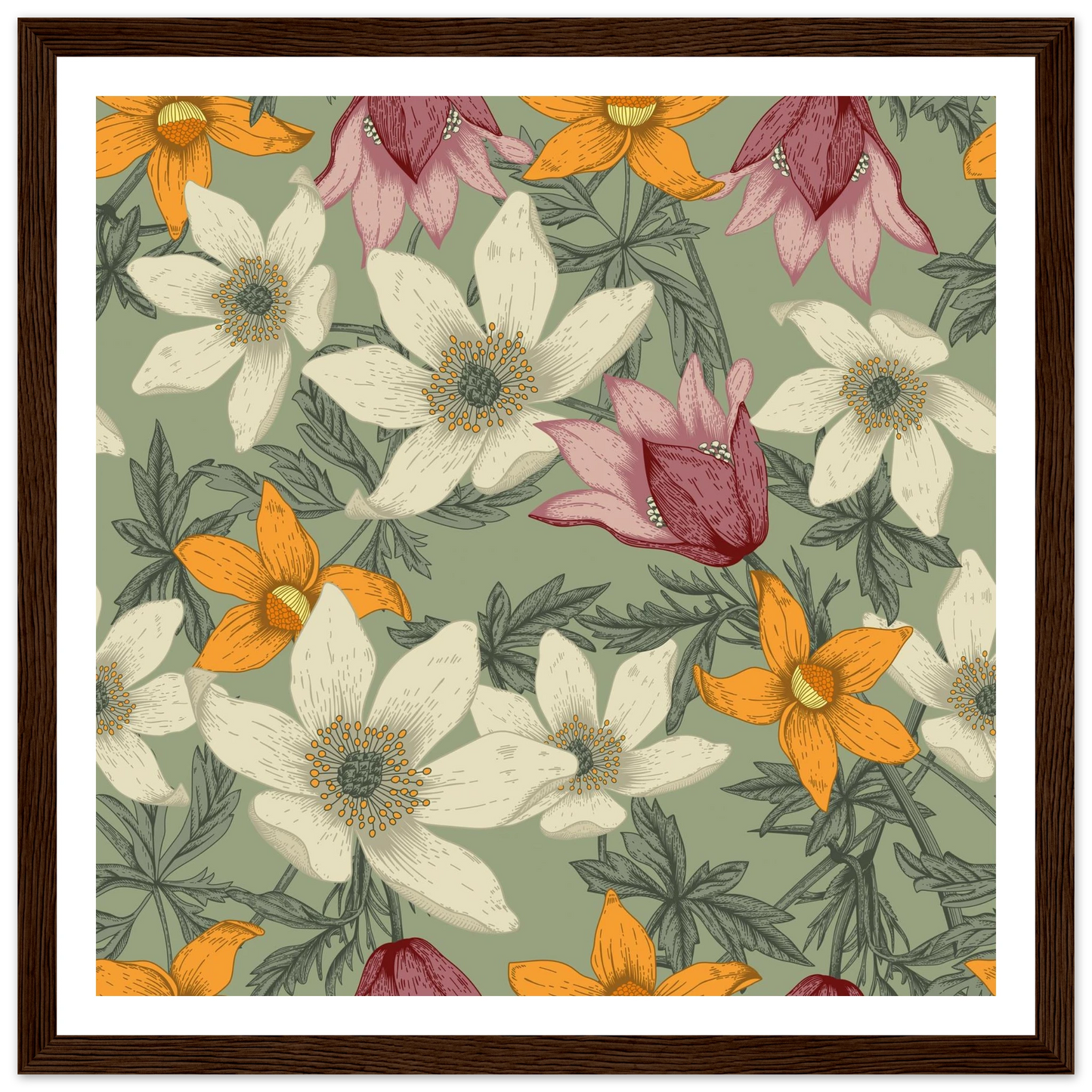 Anemone Grey Dawn Art Print | William Morris Inspired - Framed Poster - 30x30 cm / 12x12″ - Black frame