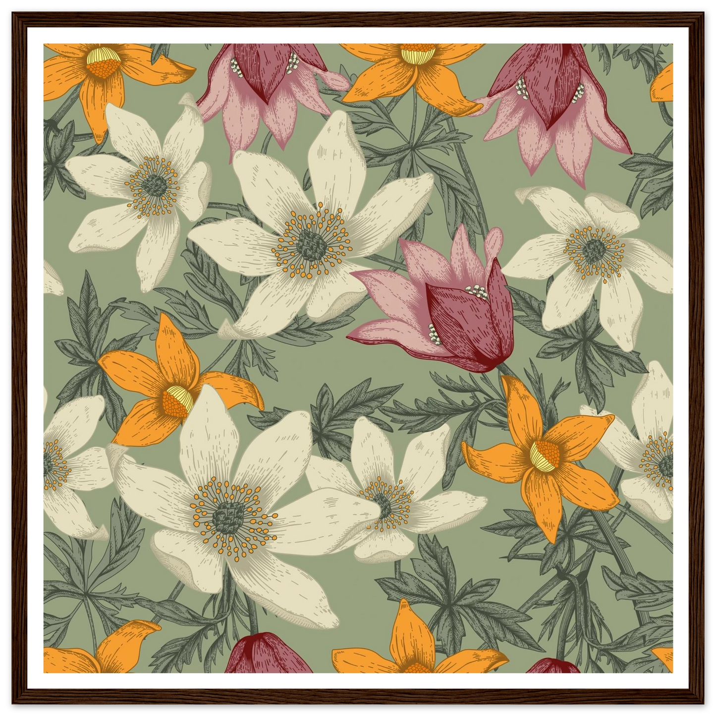 Anemone Grey Dawn Art Print | William Morris Inspired - Framed Poster - 30x30 cm / 12x12″ - Black frame