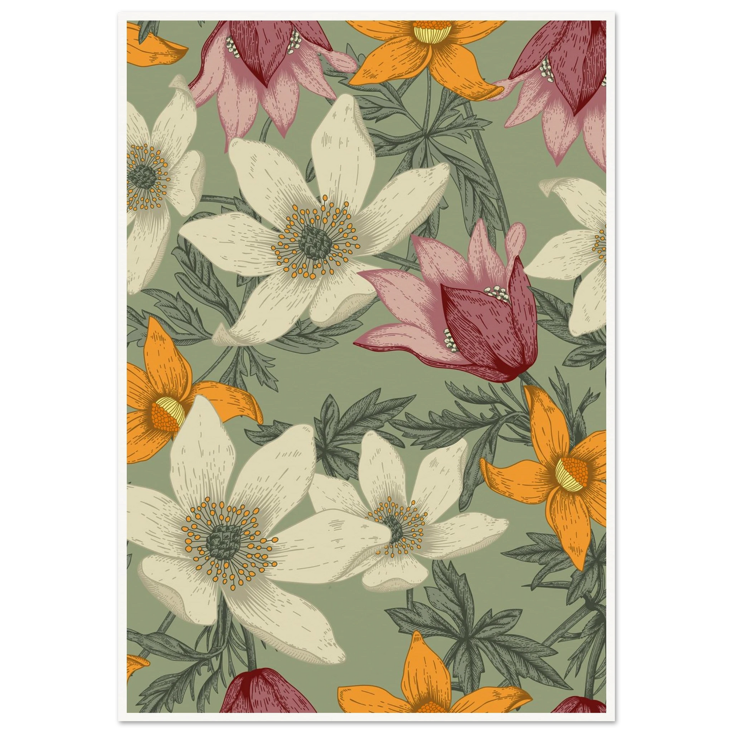 Anemone Grey Dawn Art Print | William Morris Inspired - Framed Poster - 30x30 cm / 12x12″ - Black frame