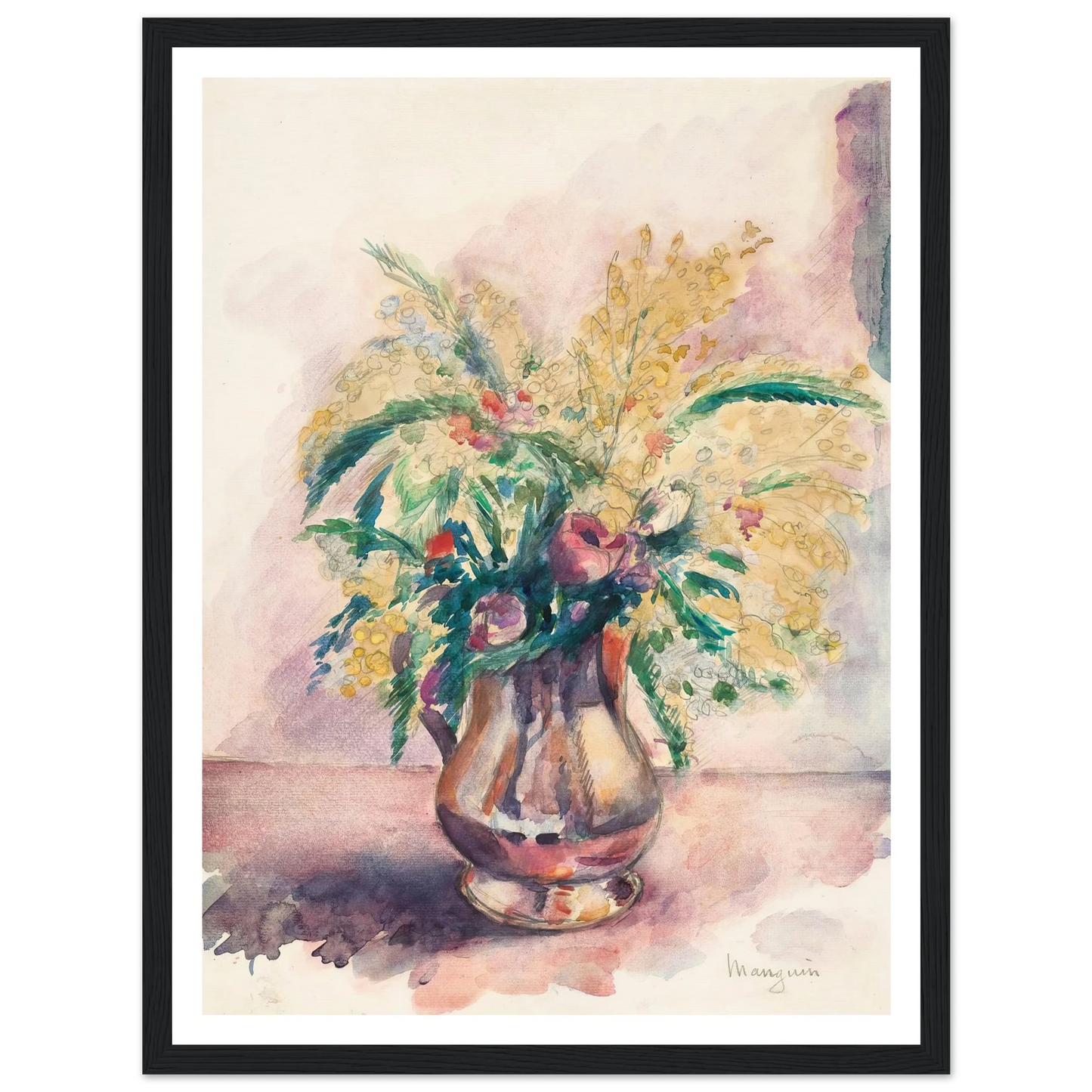 Anémones et mimosas (1943) Art Print | Henri Manguin - Framed Poster - 30x40 cm / 12x16″ - Black frame