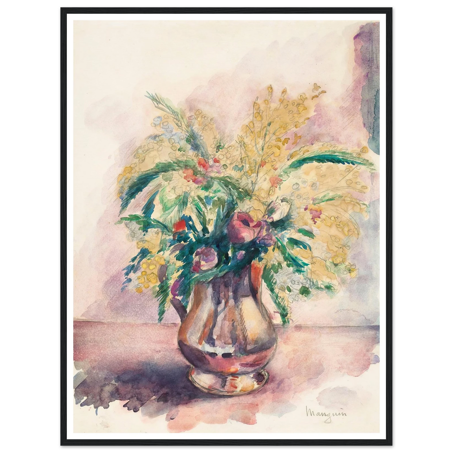 Anémones et mimosas (1943) Art Print | Henri Manguin - Framed Poster - 30x40 cm / 12x16″ - Black frame