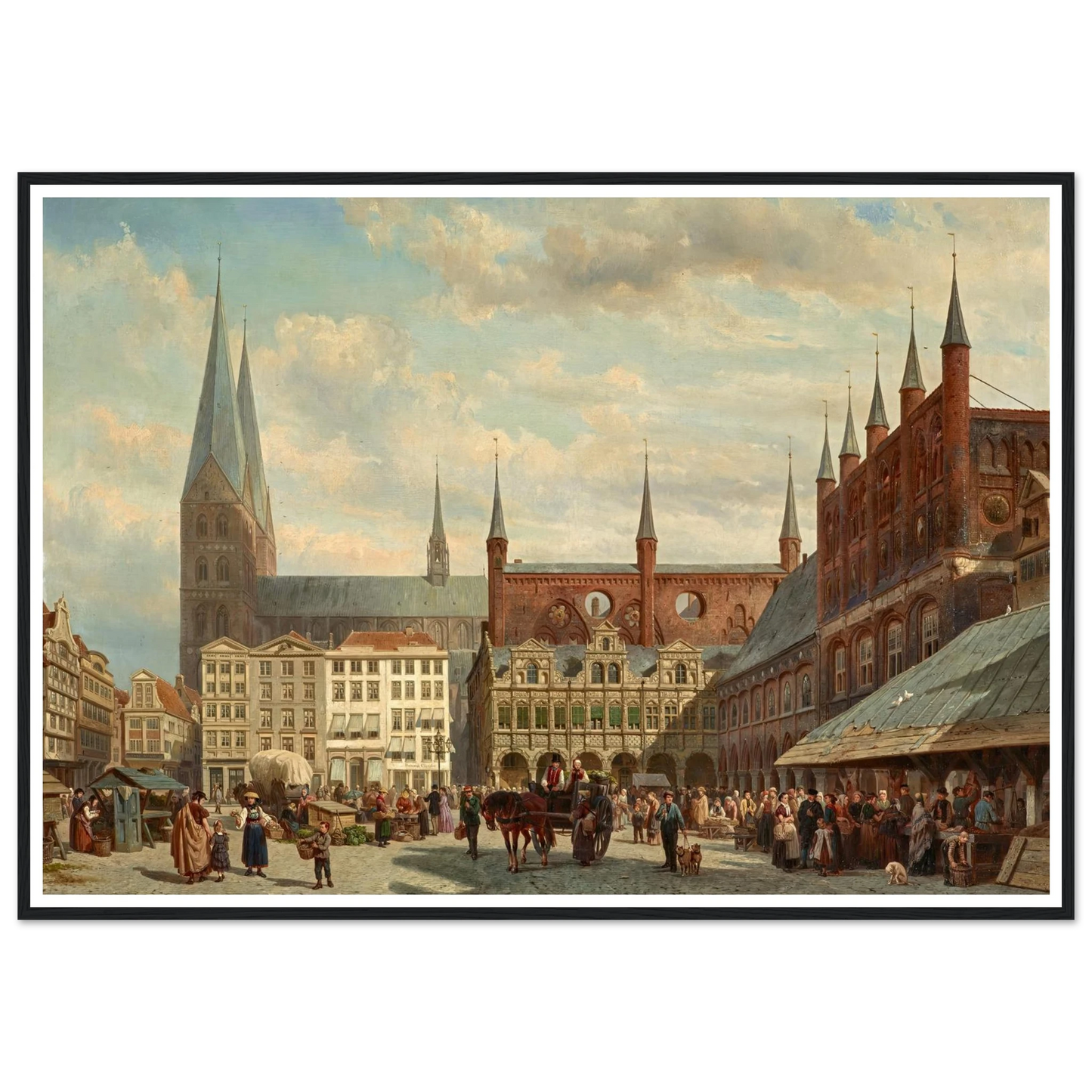 Ansicht des Lübecker Marktes (1870) Art Print | Cornelis Springer - Framed Poster - 30x40 cm / 12x16″ - Black frame