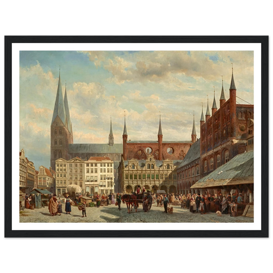 Ansicht des Lübecker Marktes (1870) Art Print | Cornelis Springer - Framed Poster - 30x40 cm / 12x16″ - Black frame