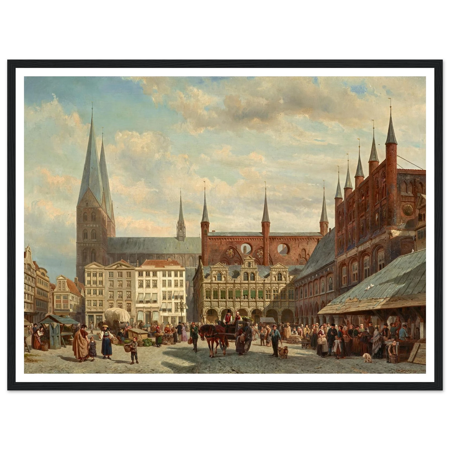 Ansicht des Lübecker Marktes (1870) Art Print | Cornelis Springer - Framed Poster - 30x40 cm / 12x16″ - Black frame