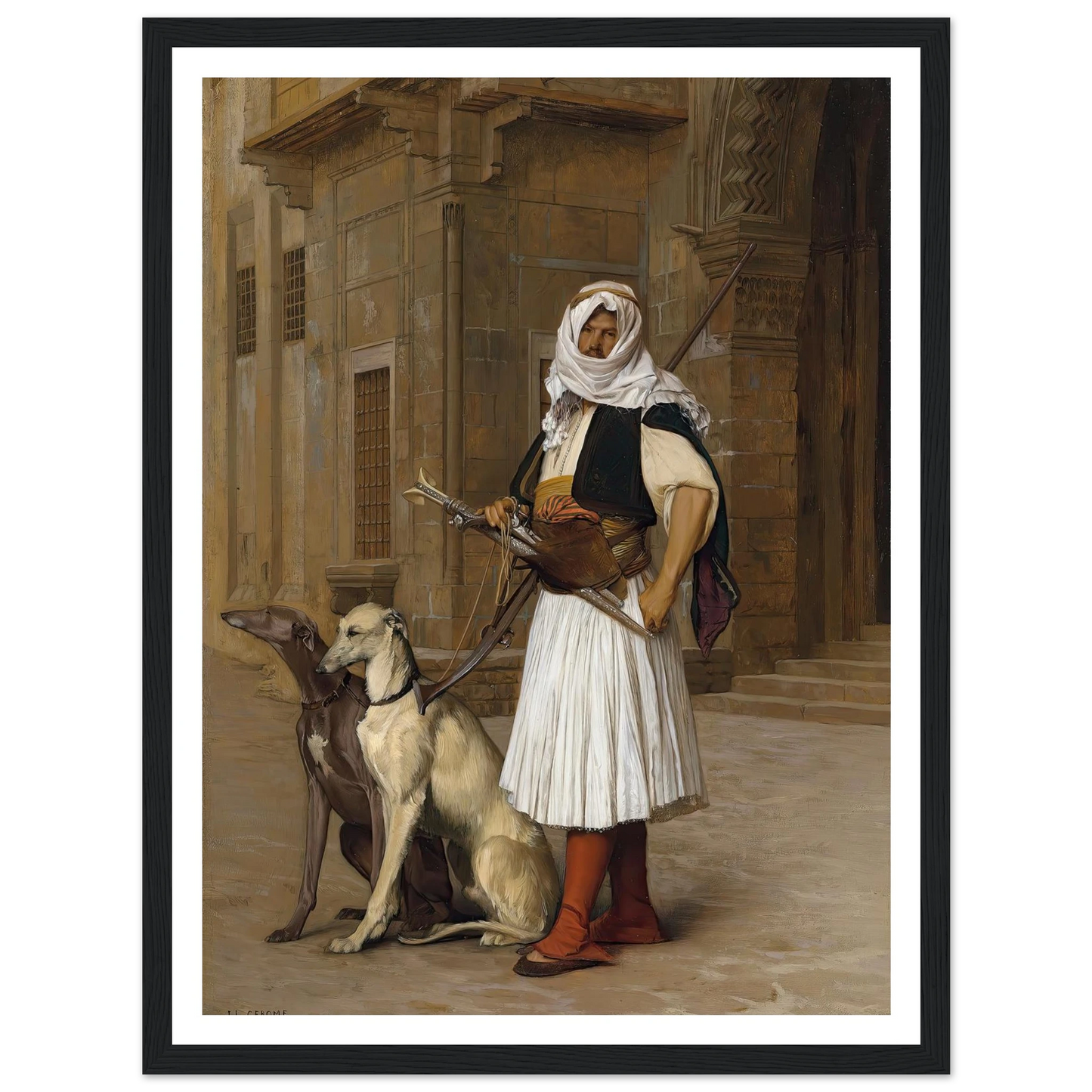 Arnaut and two Whippets (1867) Art Print | Jean Leon Gerome - Framed Poster - 30x40 cm / 12x16″ - Black frame