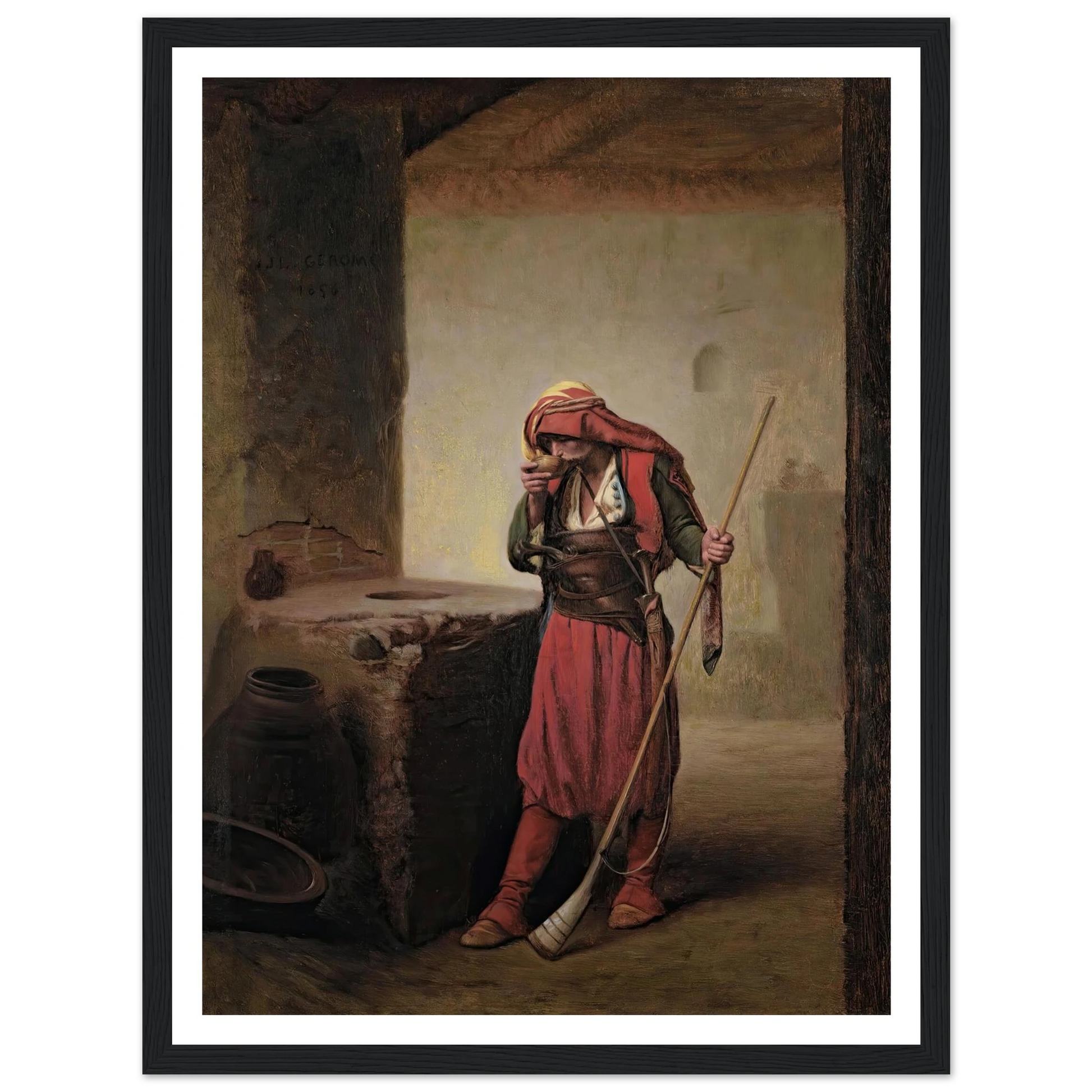 Arnaut Drinking (1856) Art Print | Jean Leon Gerome - Framed Poster - 30x40 cm / 12x16″ - Black frame