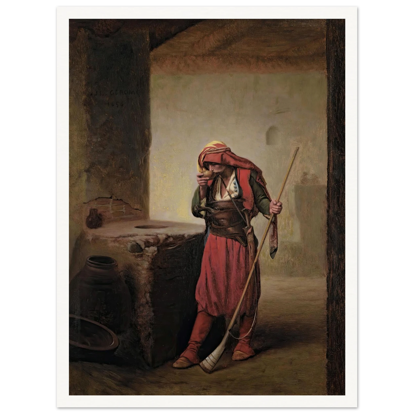 Arnaut Drinking (1856) Art Print | Jean Leon Gerome - Framed Poster - 30x40 cm / 12x16″ - Black frame