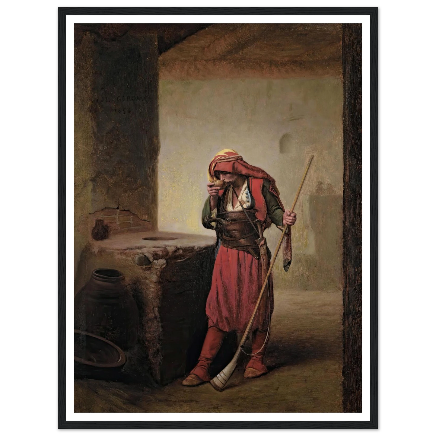 Arnaut Drinking (1856) Art Print | Jean Leon Gerome - Framed Poster - 30x40 cm / 12x16″ - Black frame