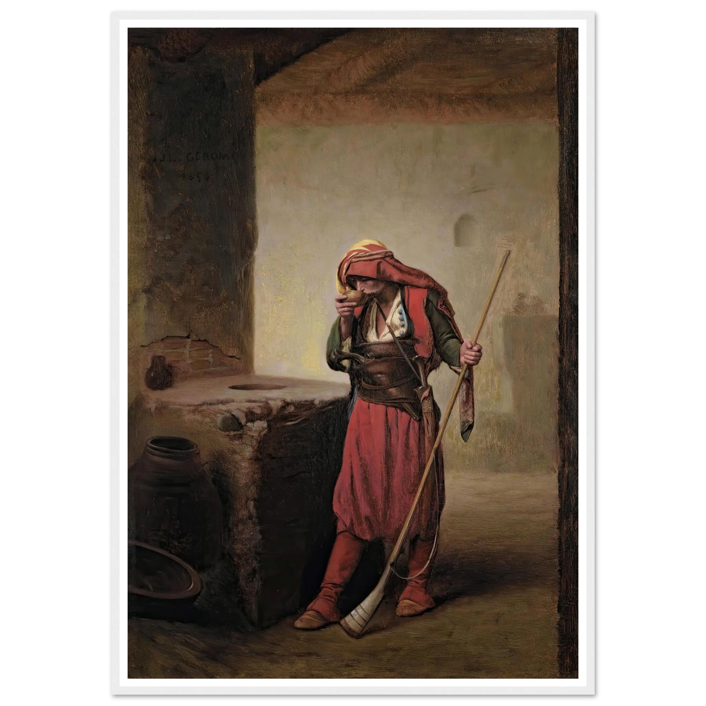 Arnaut Drinking (1856) Art Print | Jean Leon Gerome - Framed Poster - 30x40 cm / 12x16″ - Black frame