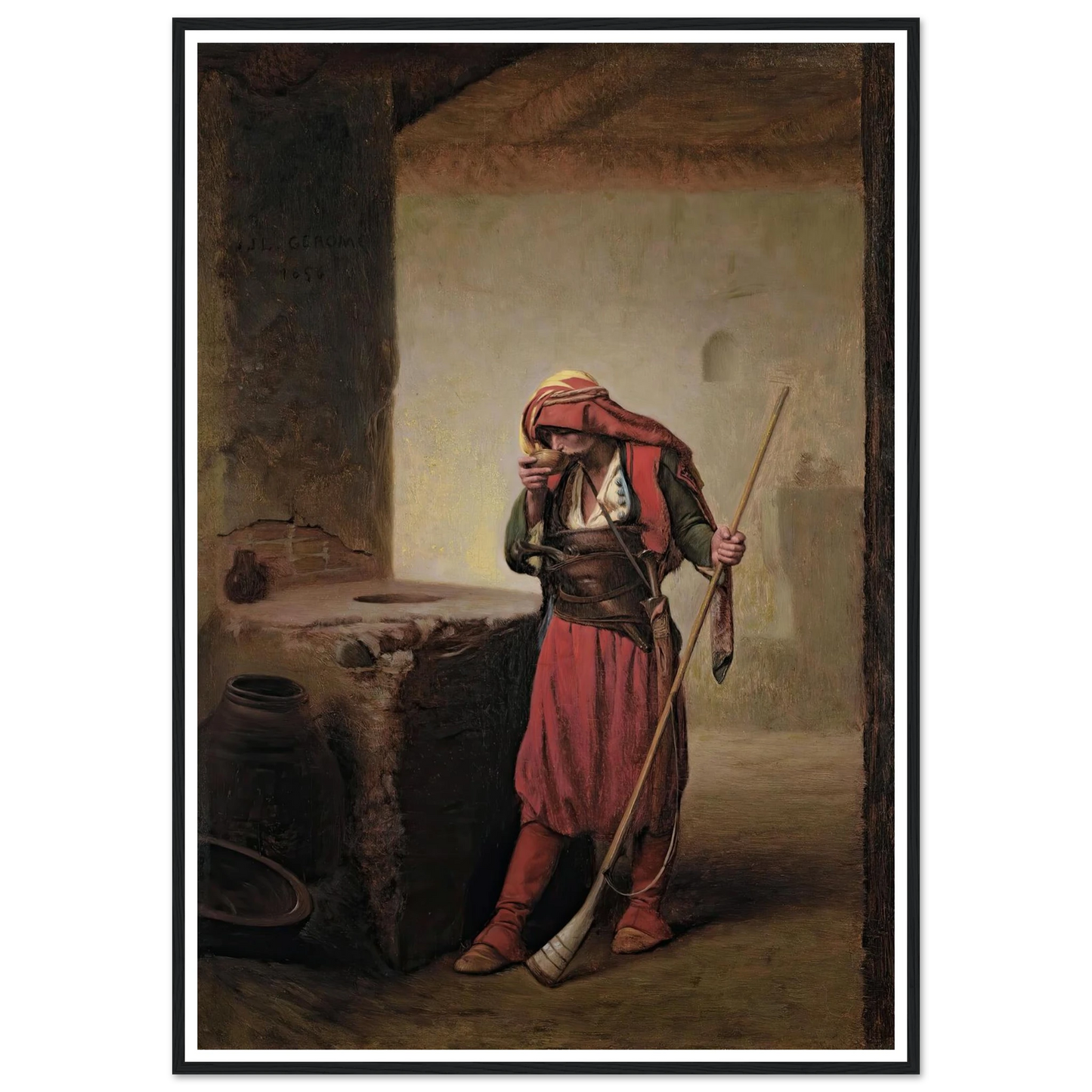 Arnaut Drinking (1856) Art Print | Jean Leon Gerome - Framed Poster - 30x40 cm / 12x16″ - Black frame
