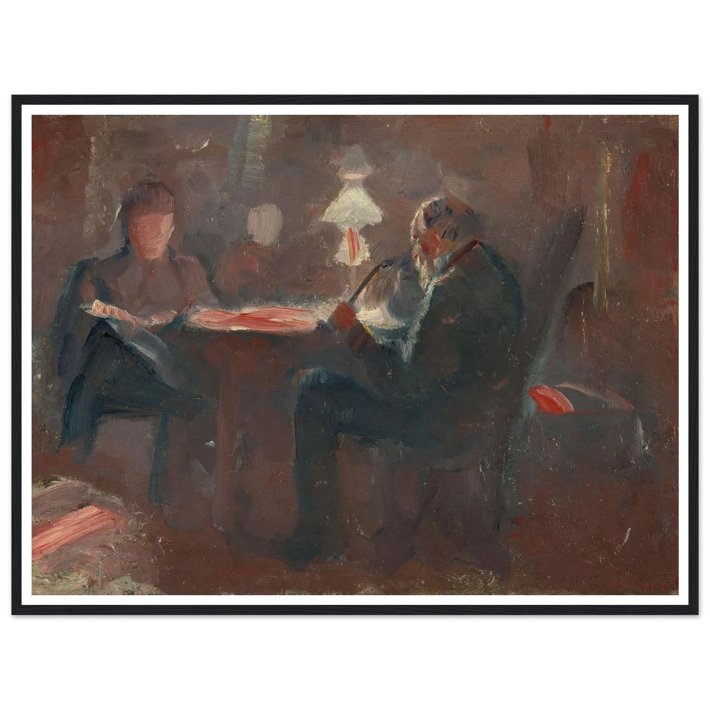 Around the Paraffin Lamp (1883) Art Print | Edvard Munch - Framed Poster - 30x40 cm / 12x16″ - Black frame