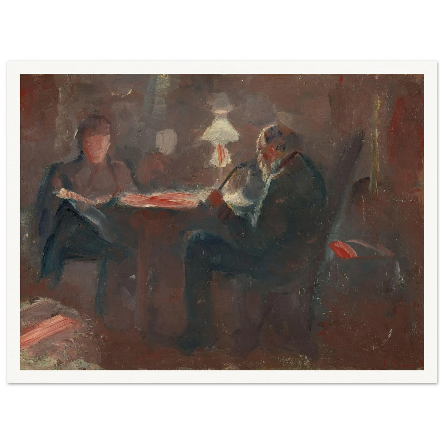 Around the Paraffin Lamp (1883) Art Print | Edvard Munch - Framed Poster - 30x40 cm / 12x16″ - Black frame