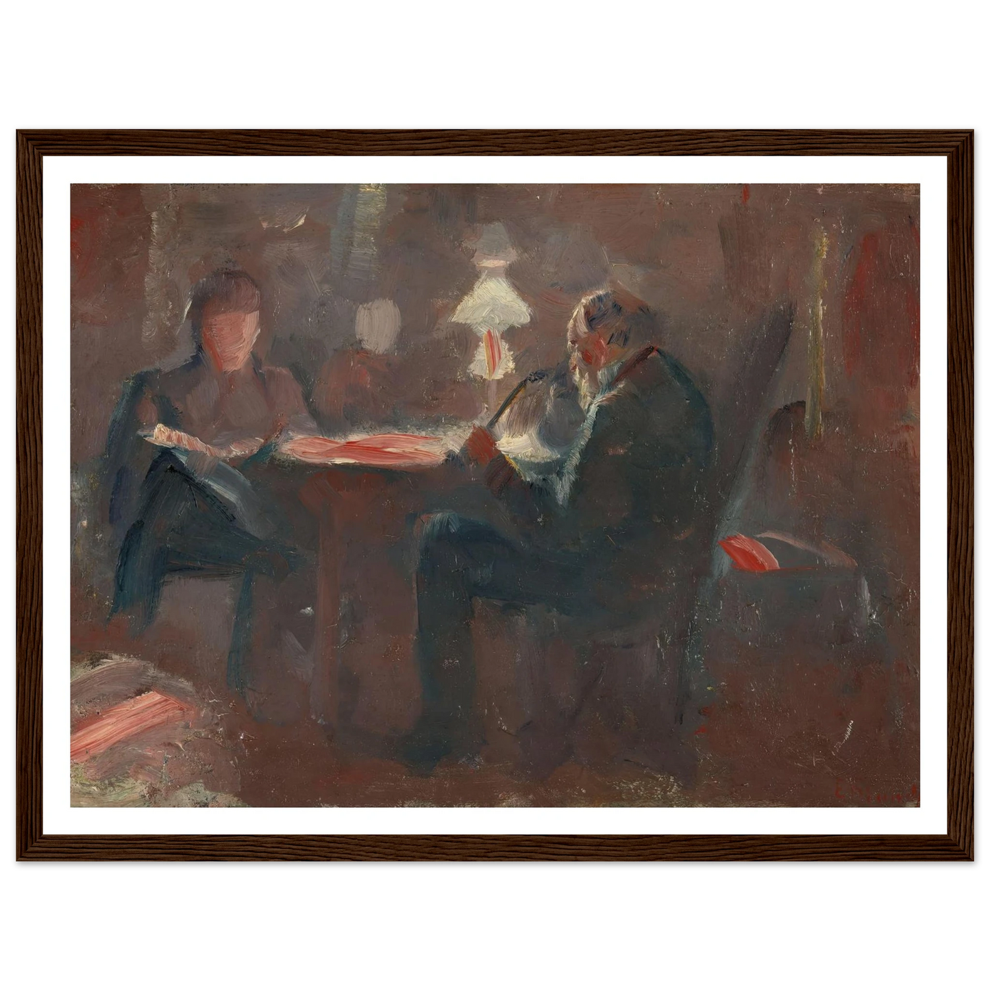 Around the Paraffin Lamp (1883) Art Print | Edvard Munch - Framed Poster - 30x40 cm / 12x16″ - Black frame