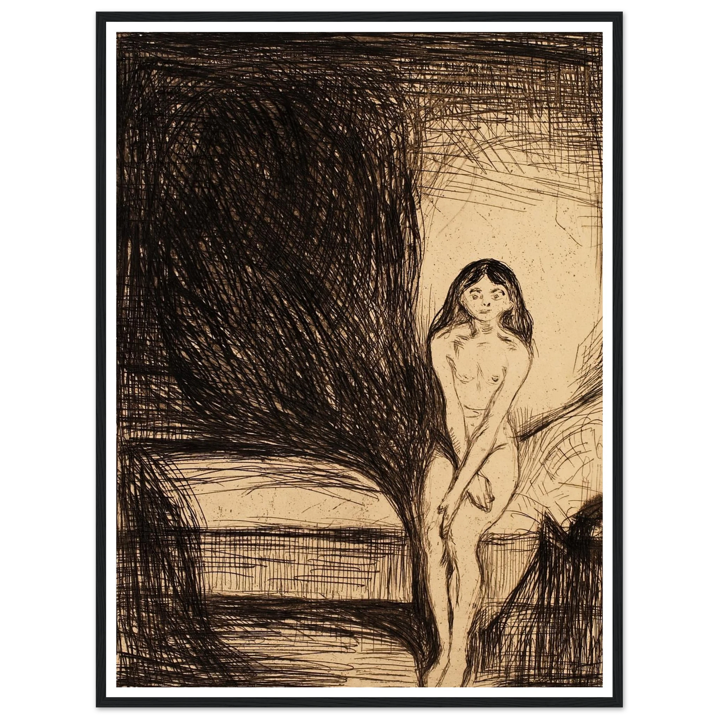 At Night (Puberty) (1986) Art Print | Edvard Munch - Framed Poster - 30x40 cm / 12x16″ - Black frame