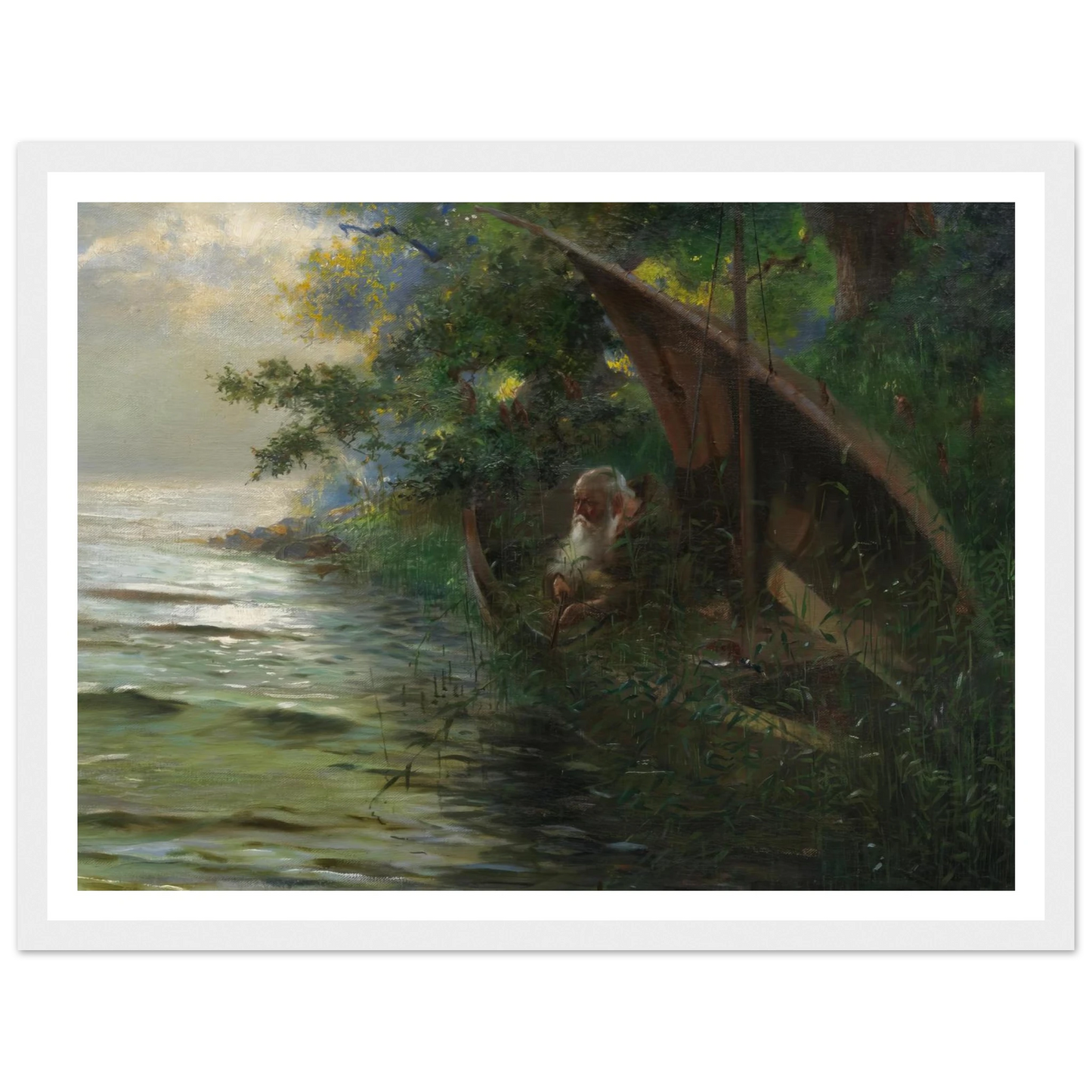 Auf der Jagd (Geistlicher im Ruderboot, am Seeufer Enten auflauernd) (1873) Art Print | Hans Thoma - Framed Poster - 30x40 cm / 12x16″ - Black frame