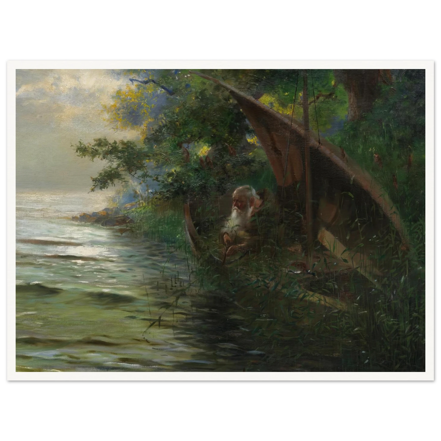 Auf der Jagd (Geistlicher im Ruderboot, am Seeufer Enten auflauernd) (1873) Art Print | Hans Thoma - Framed Poster - 30x40 cm / 12x16″ - Black frame