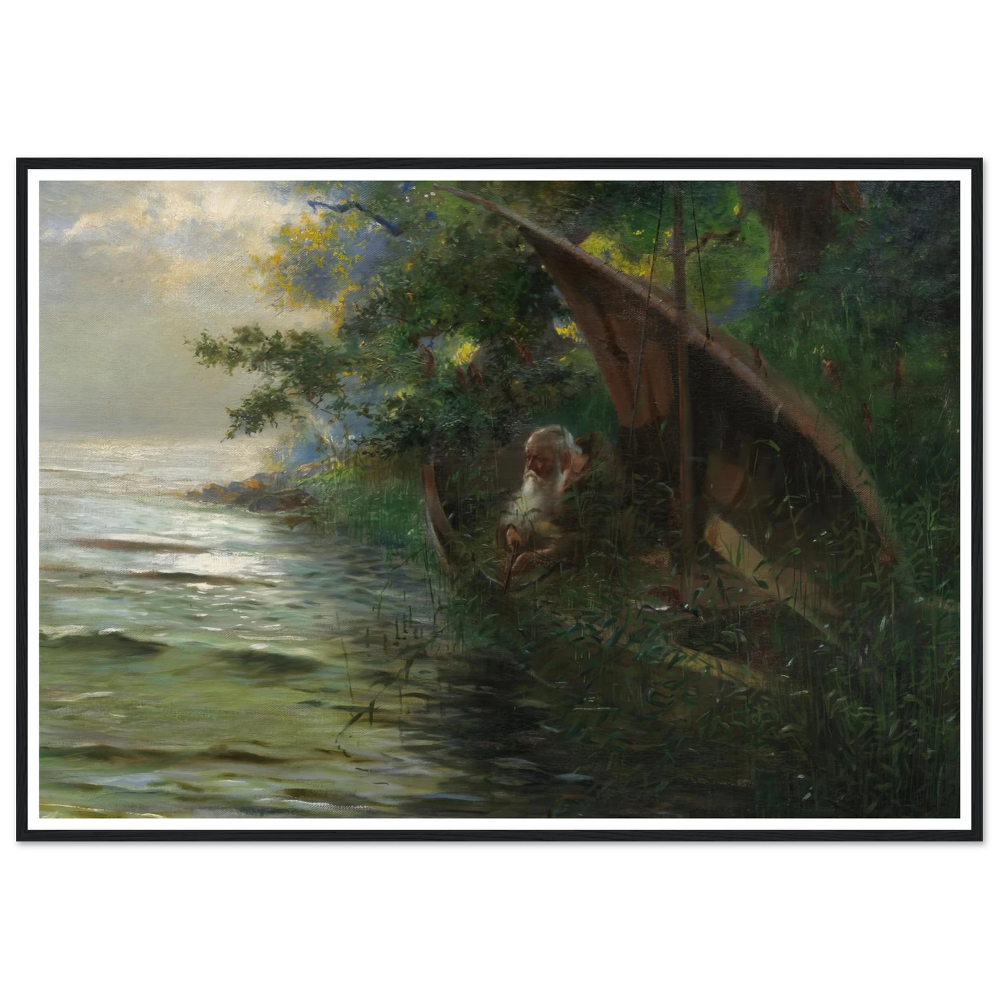 Auf der Jagd (Geistlicher im Ruderboot, am Seeufer Enten auflauernd) (1873) Art Print | Hans Thoma - Framed Poster - 30x40 cm / 12x16″ - Black frame