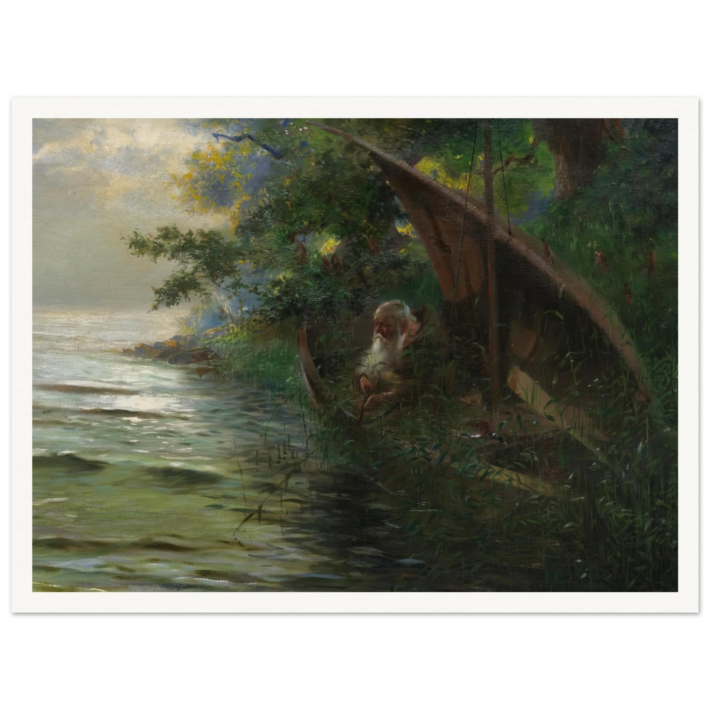 Auf der Jagd (Geistlicher im Ruderboot, am Seeufer Enten auflauernd) (1873) Art Print | Hans Thoma - Framed Poster - 30x40 cm / 12x16″ - Black frame