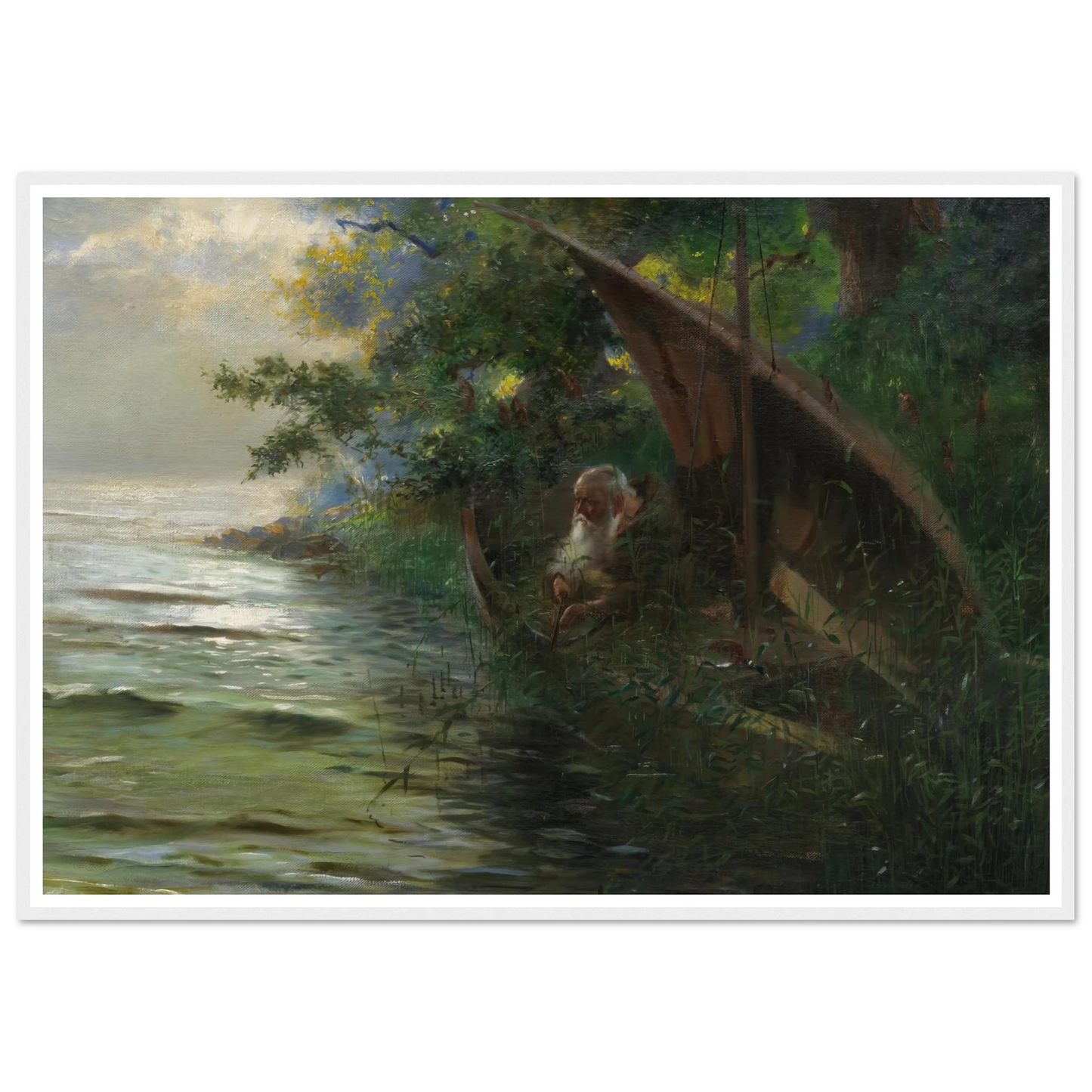 Auf der Jagd (Geistlicher im Ruderboot, am Seeufer Enten auflauernd) (1873) Art Print | Hans Thoma - Framed Poster - 30x40 cm / 12x16″ - Black frame
